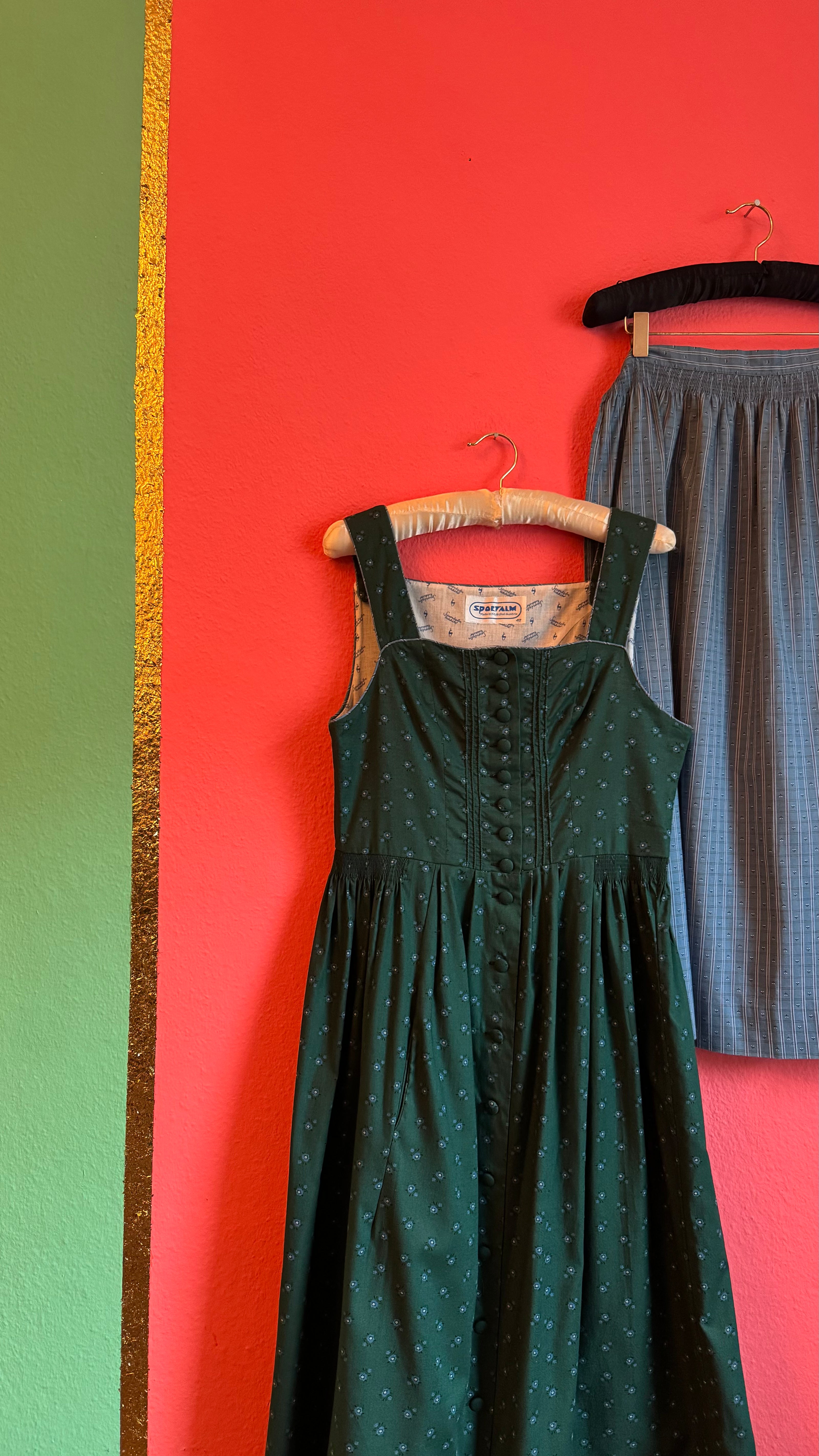 Vintage 1980s Sportalm Green Dirndl With Light Blue Apron