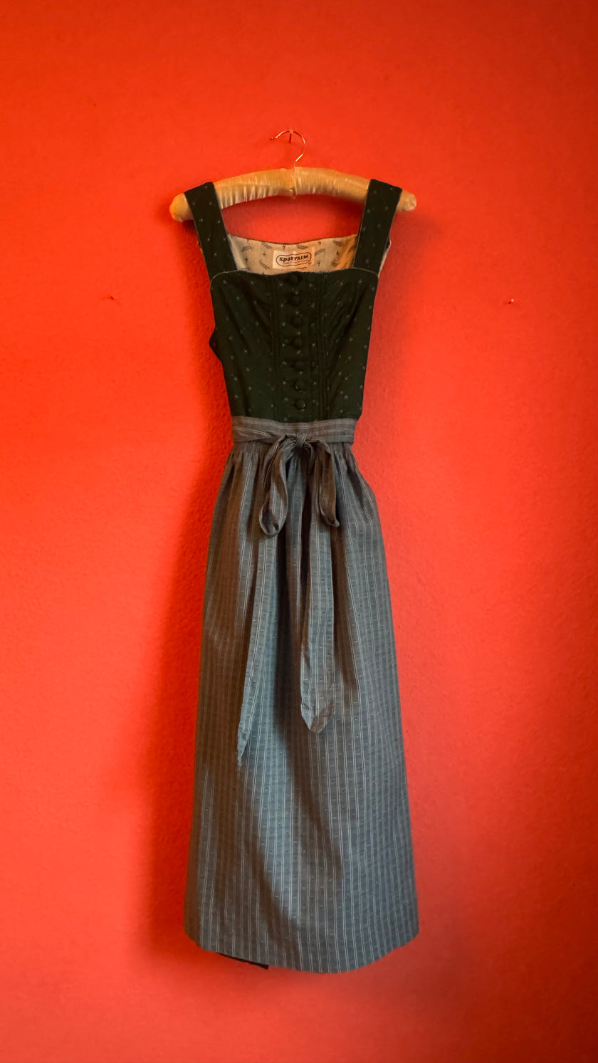 Vintage 1980s Sportalm Green Dirndl With Light Blue Apron