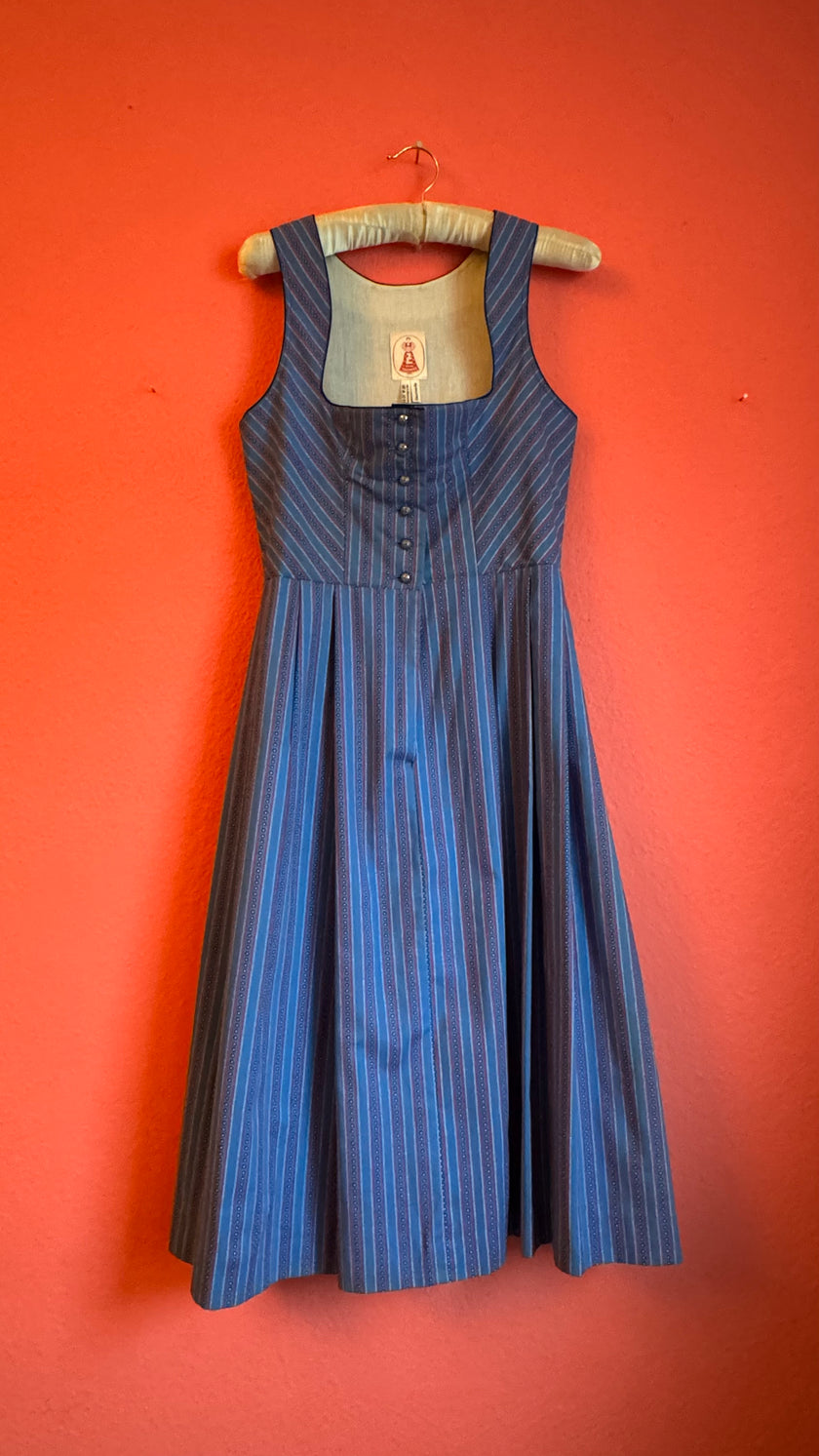 Vintage 1980s Blue Cotton Dirndl With Striped Apron