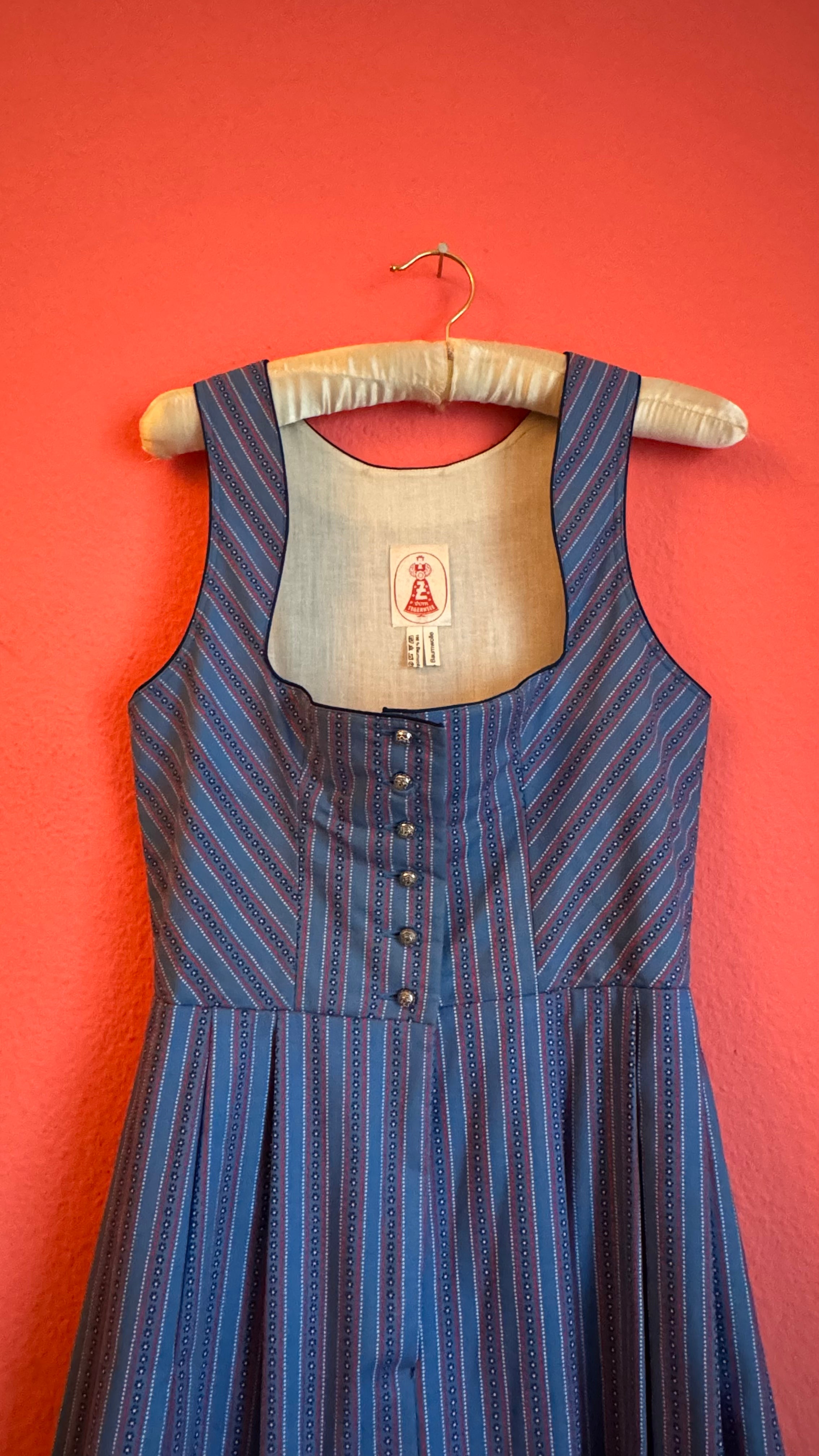 Vintage 1980s Blue Cotton Dirndl With Striped Apron