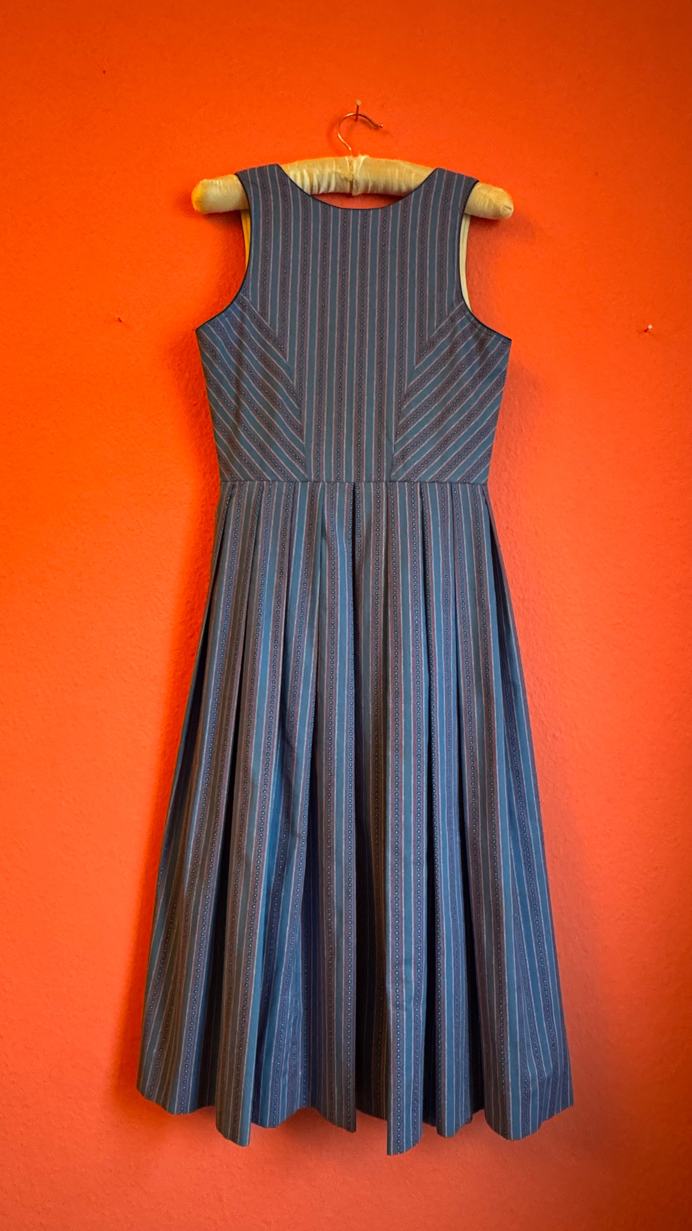 Vintage 1980s Blue Cotton Dirndl With Striped Apron