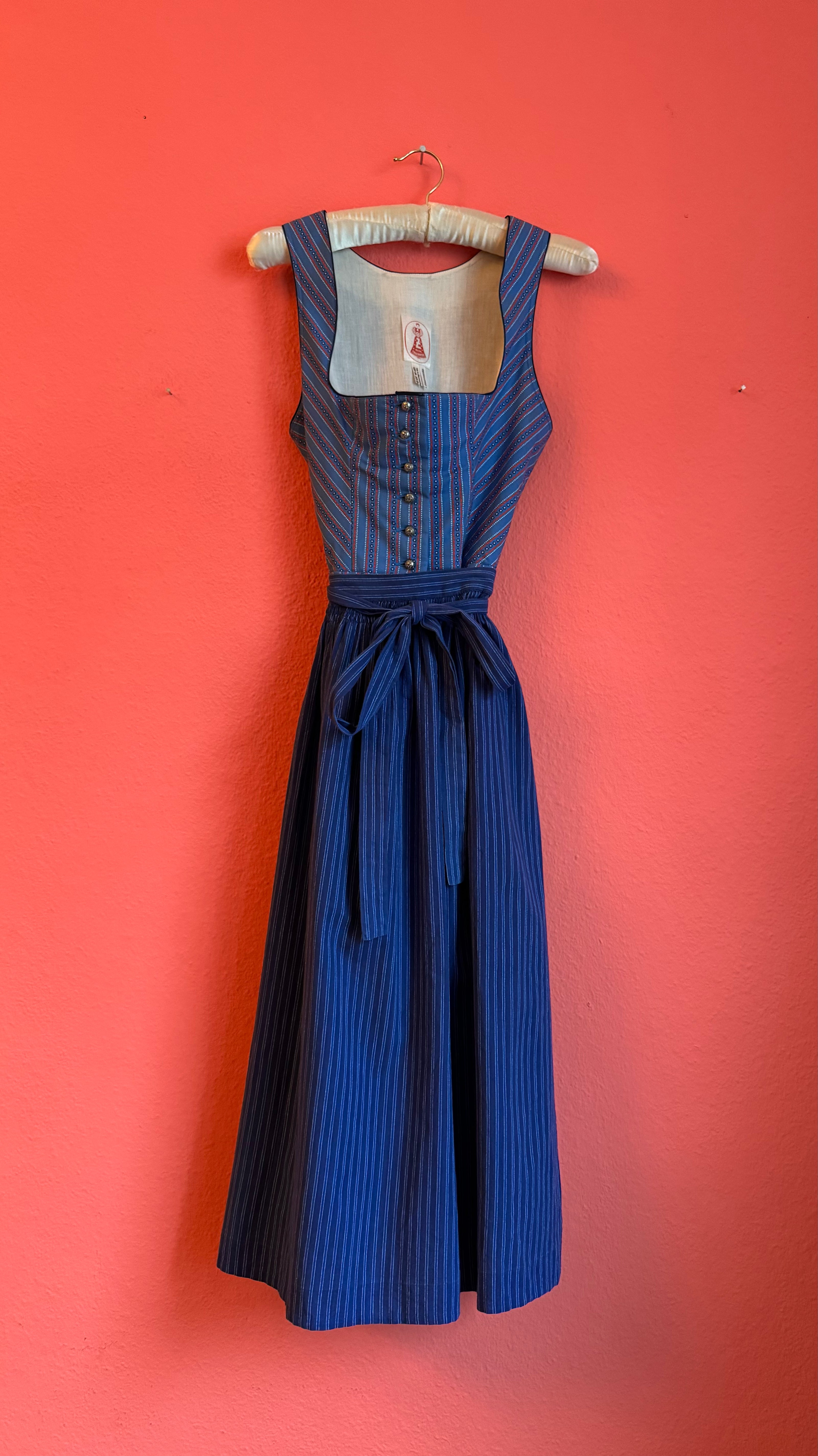 Vintage 1980s Blue Cotton Dirndl With Striped Apron