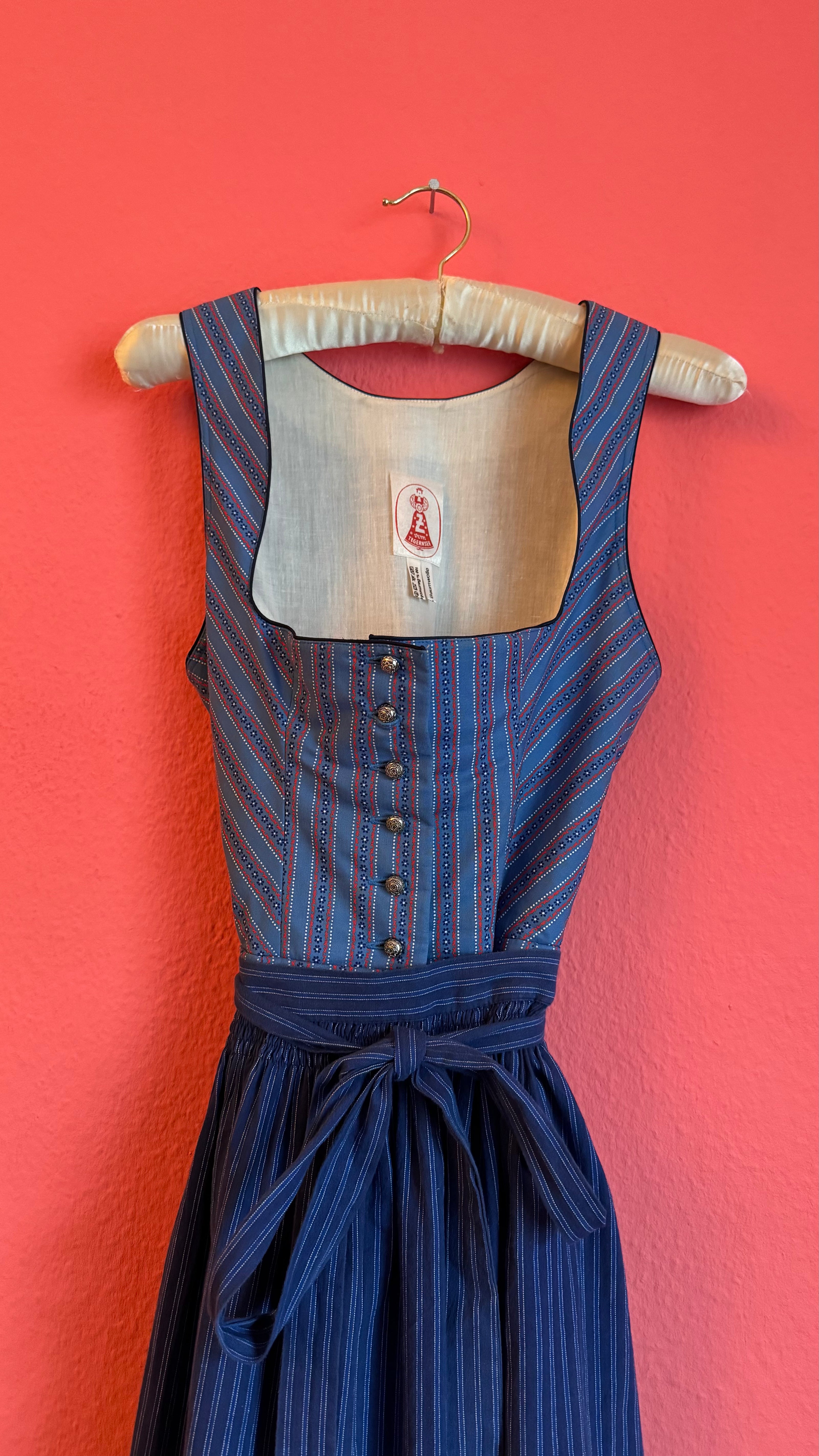 Vintage 1980s Blue Cotton Dirndl With Striped Apron