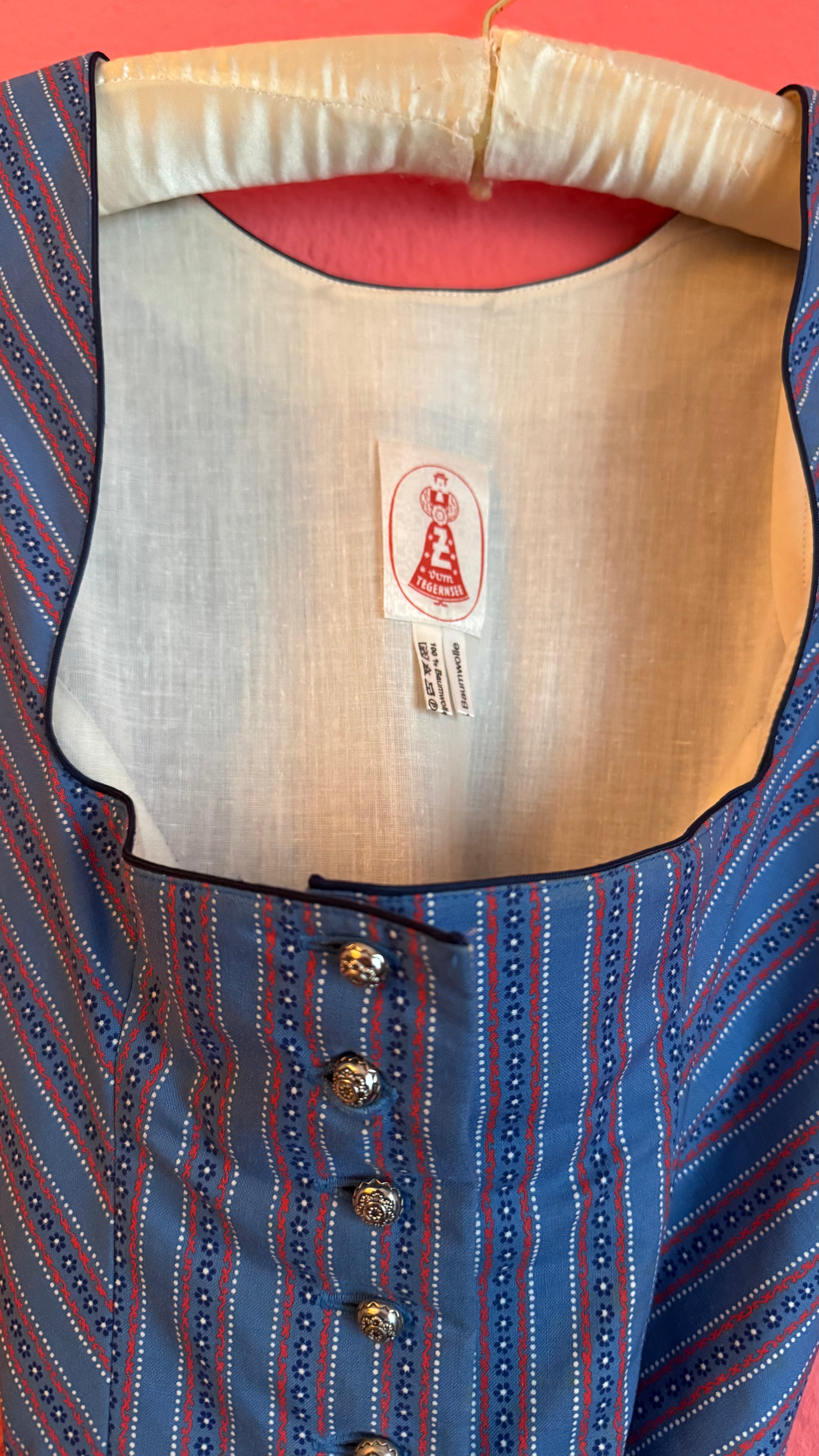 Vintage 1980s Blue Cotton Dirndl With Striped Apron