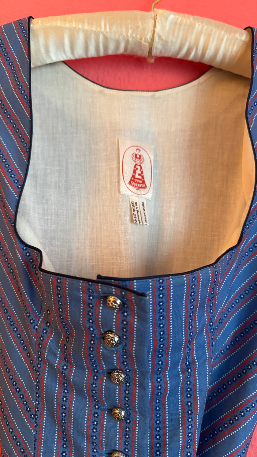 Vintage 1980s Blue Cotton Dirndl With Striped Apron