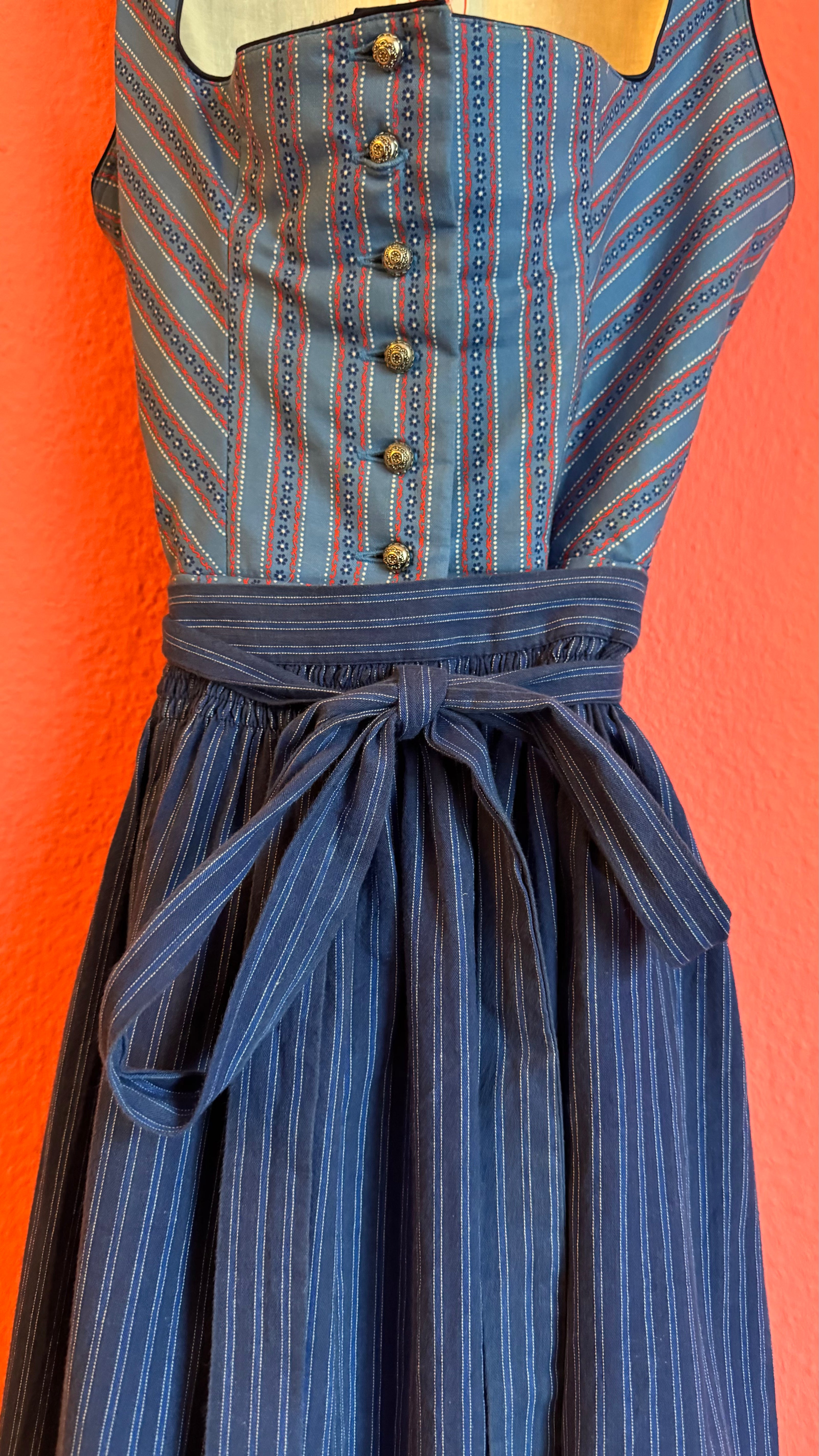 Vintage 1980s Blue Cotton Dirndl With Striped Apron