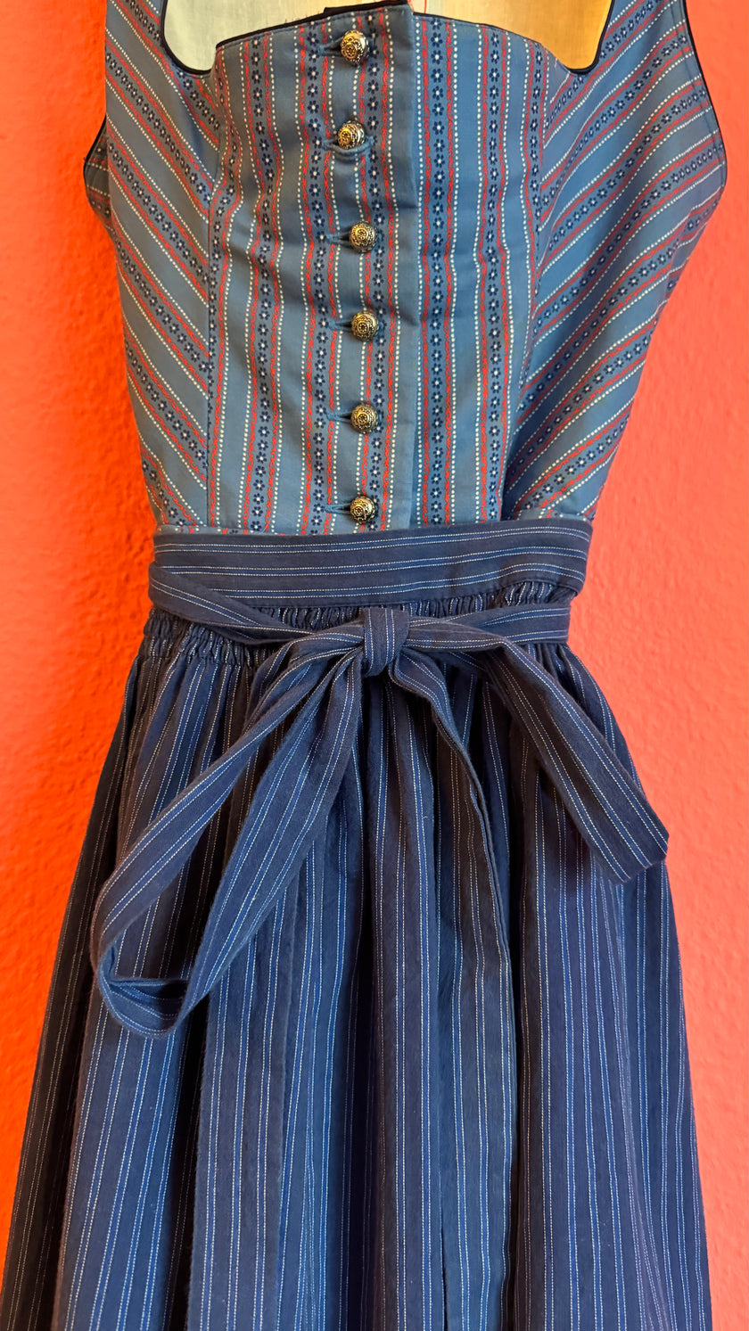Vintage 1980s Blue Cotton Dirndl With Striped Apron