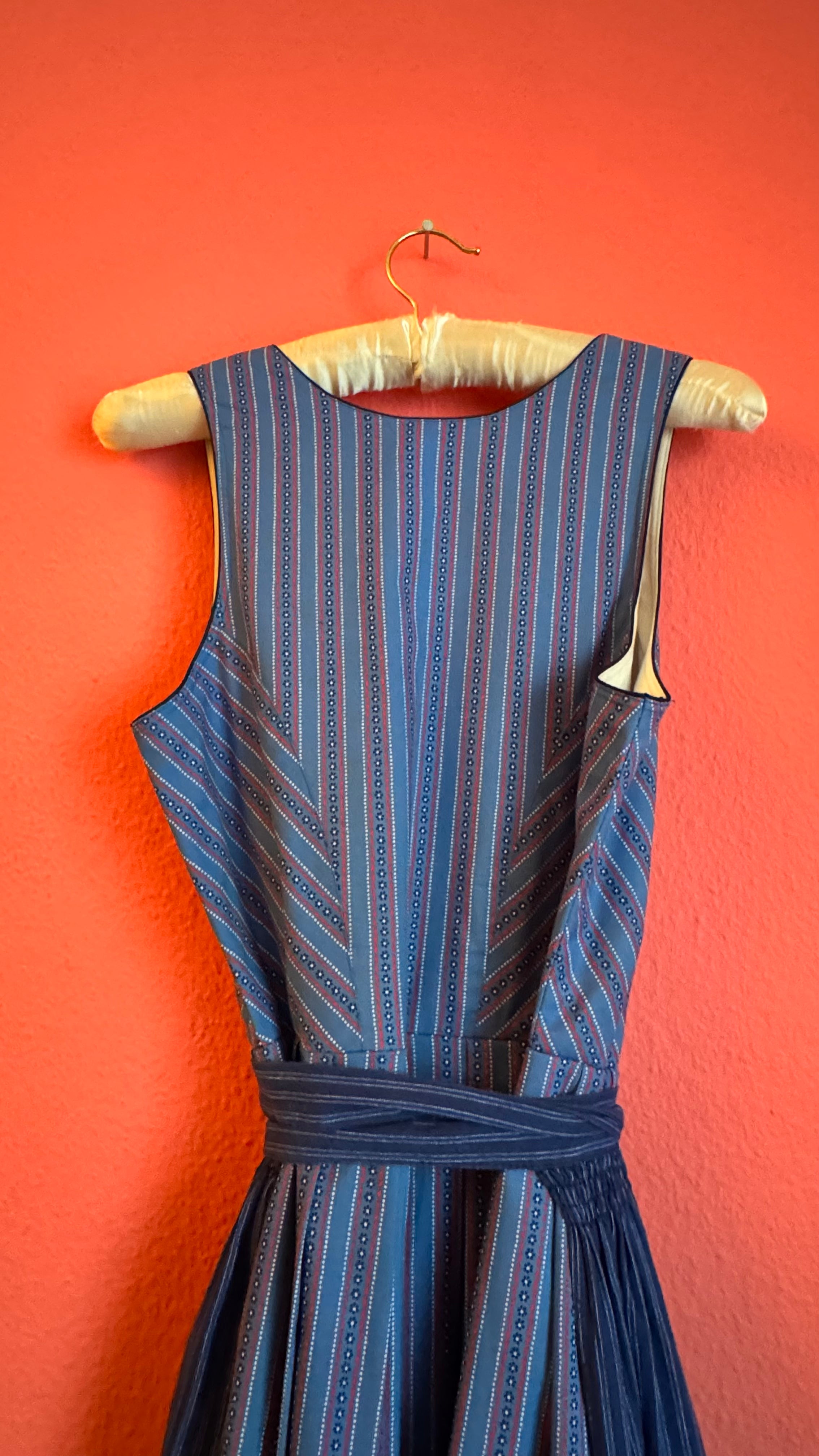 Vintage 1980s Blue Cotton Dirndl With Striped Apron