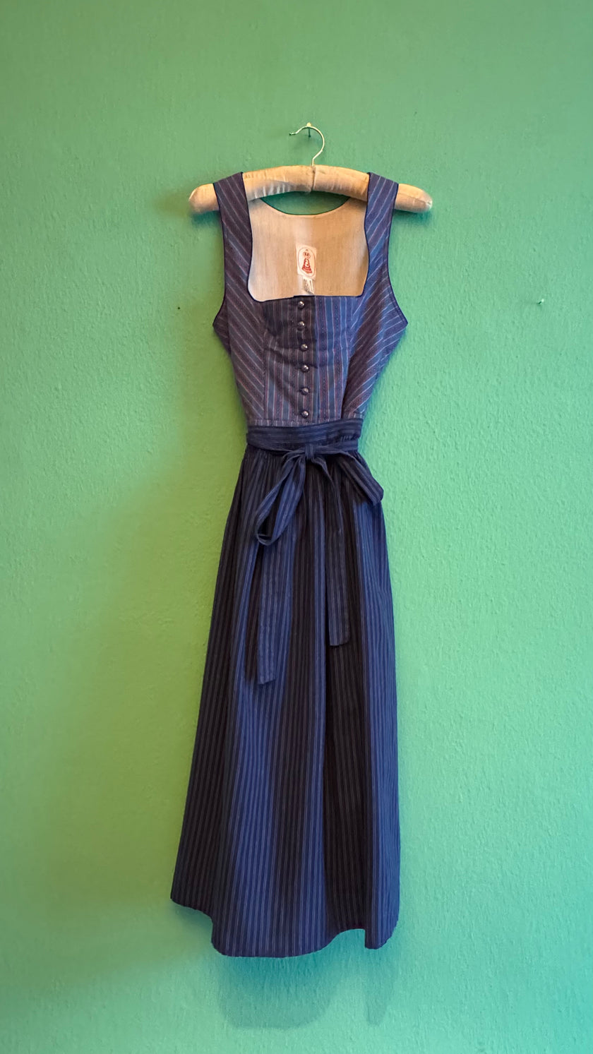 Vintage 1980s Blue Cotton Dirndl With Striped Apron