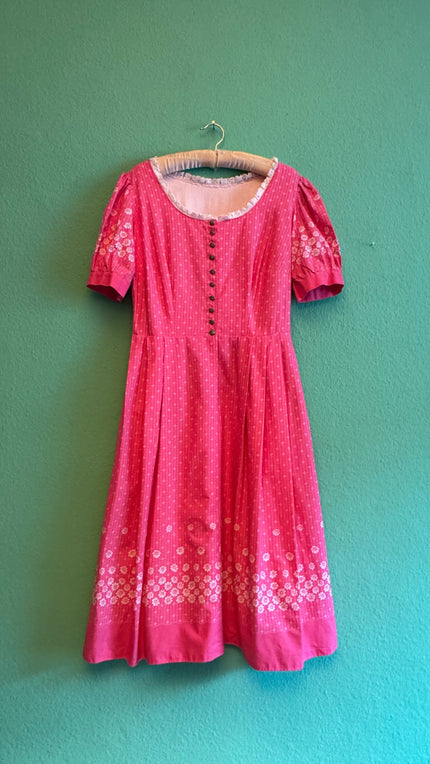 Vintage 1980s Pink Floral Dirndl With Blue Apron