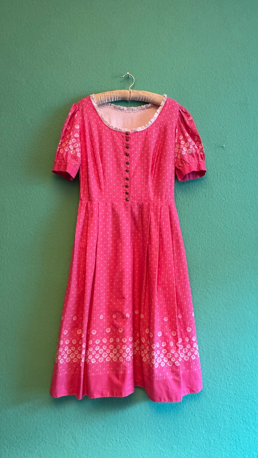 Vintage 1980s Pink Floral Dirndl With Blue Apron