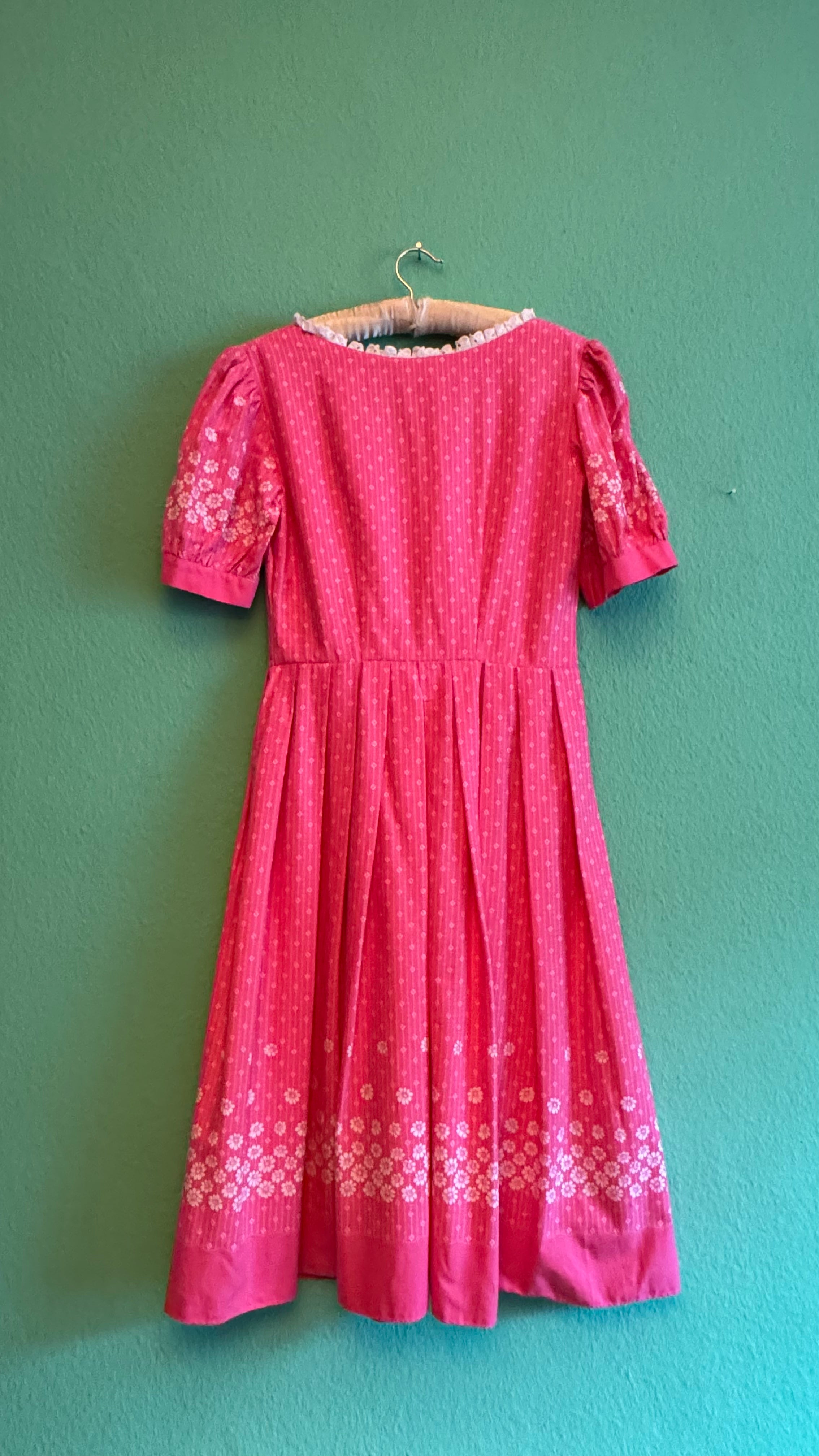 Vintage 1980s Pink Floral Dirndl With Blue Apron