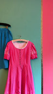 Vintage 1980s Pink Floral Dirndl With Blue Apron