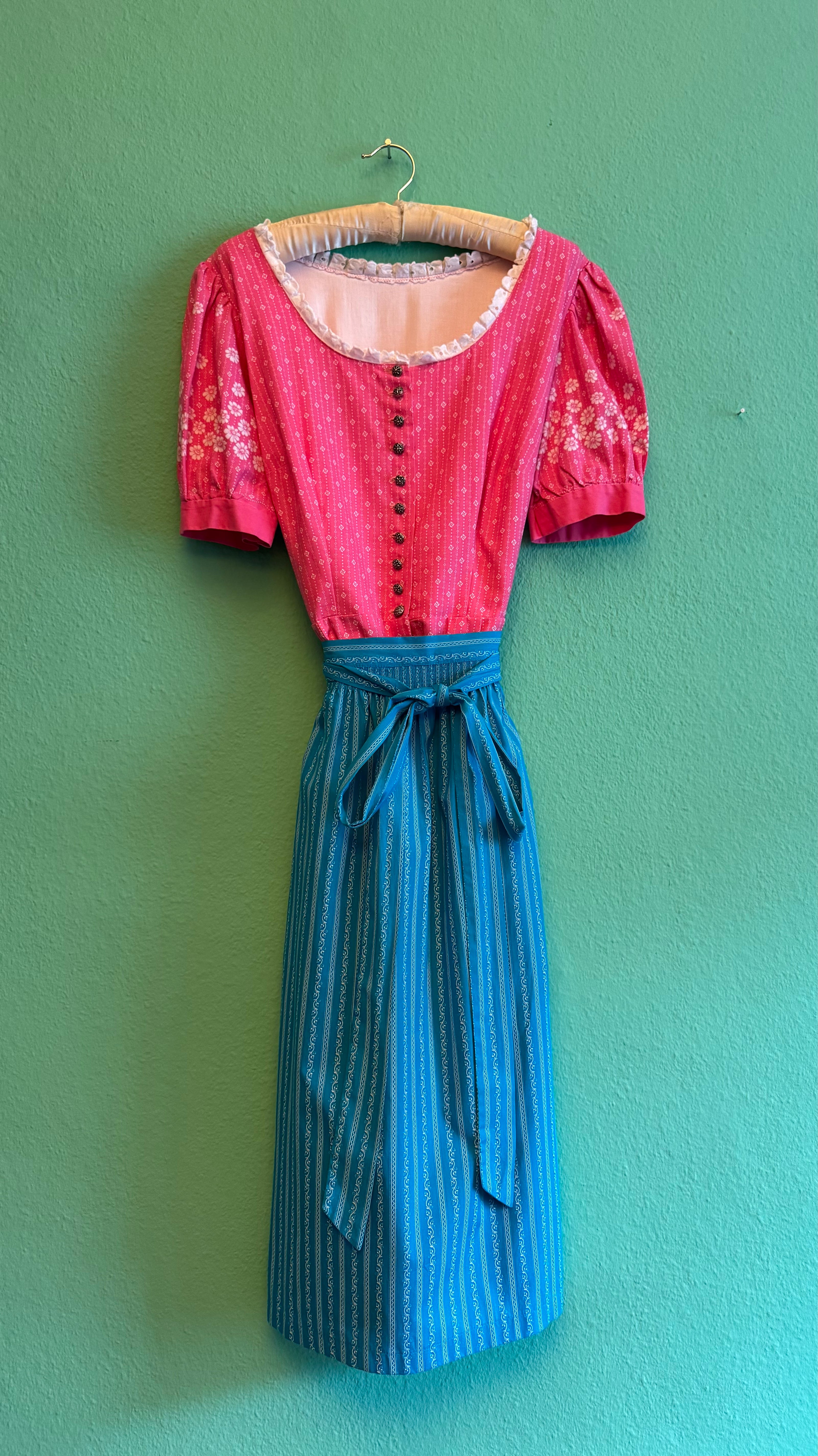 Vintage 1980s Pink Floral Dirndl With Blue Apron