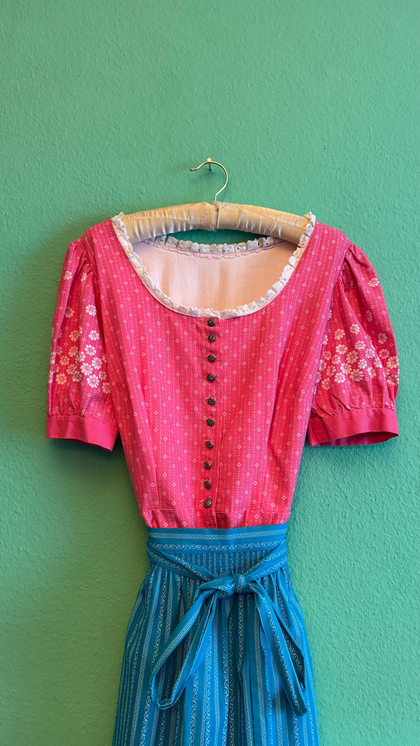 Vintage 1980s Pink Floral Dirndl With Blue Apron
