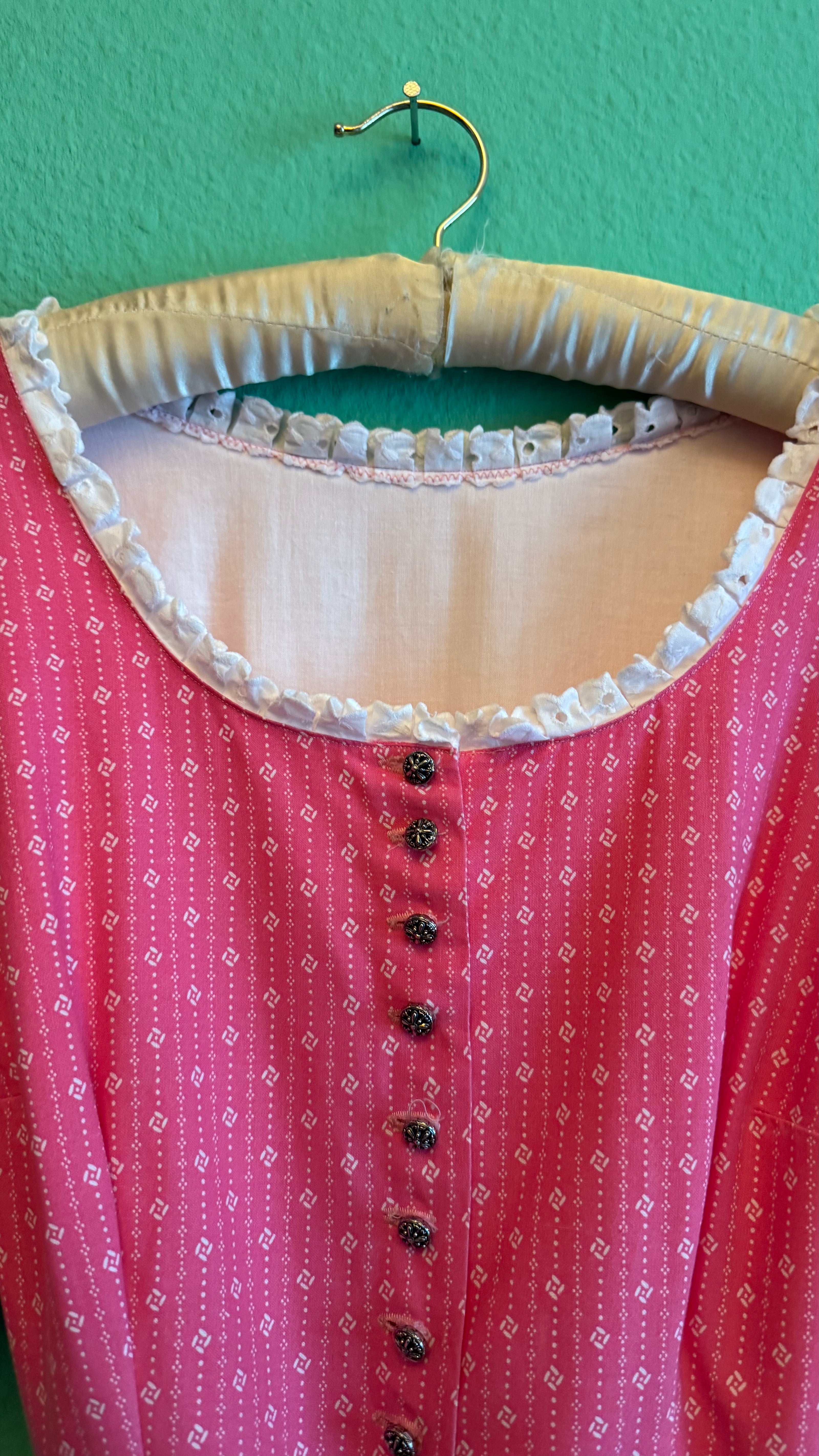 Vintage 1980s Pink Floral Dirndl With Blue Apron