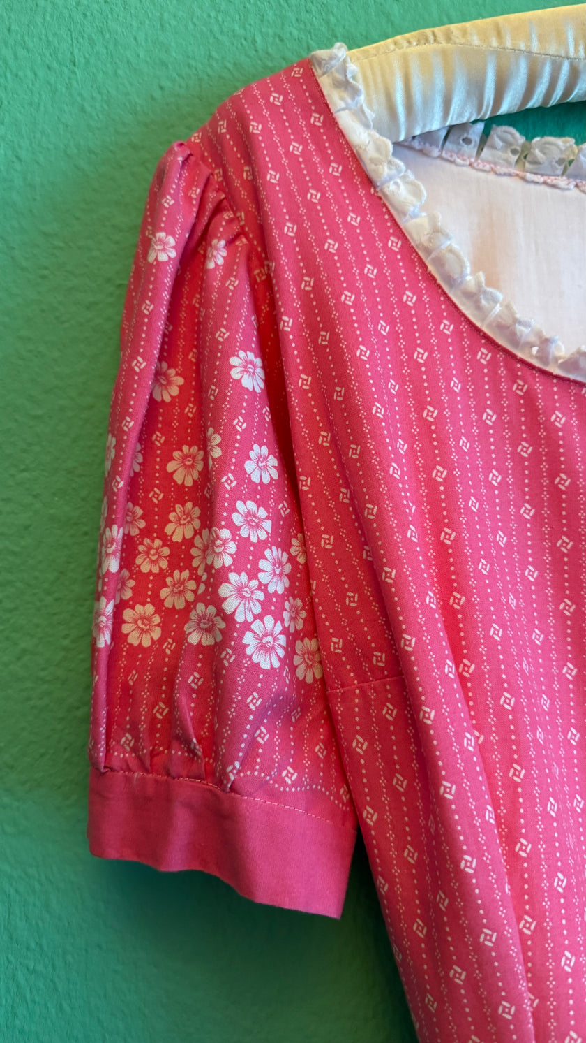 Vintage 1980s Pink Floral Dirndl With Blue Apron