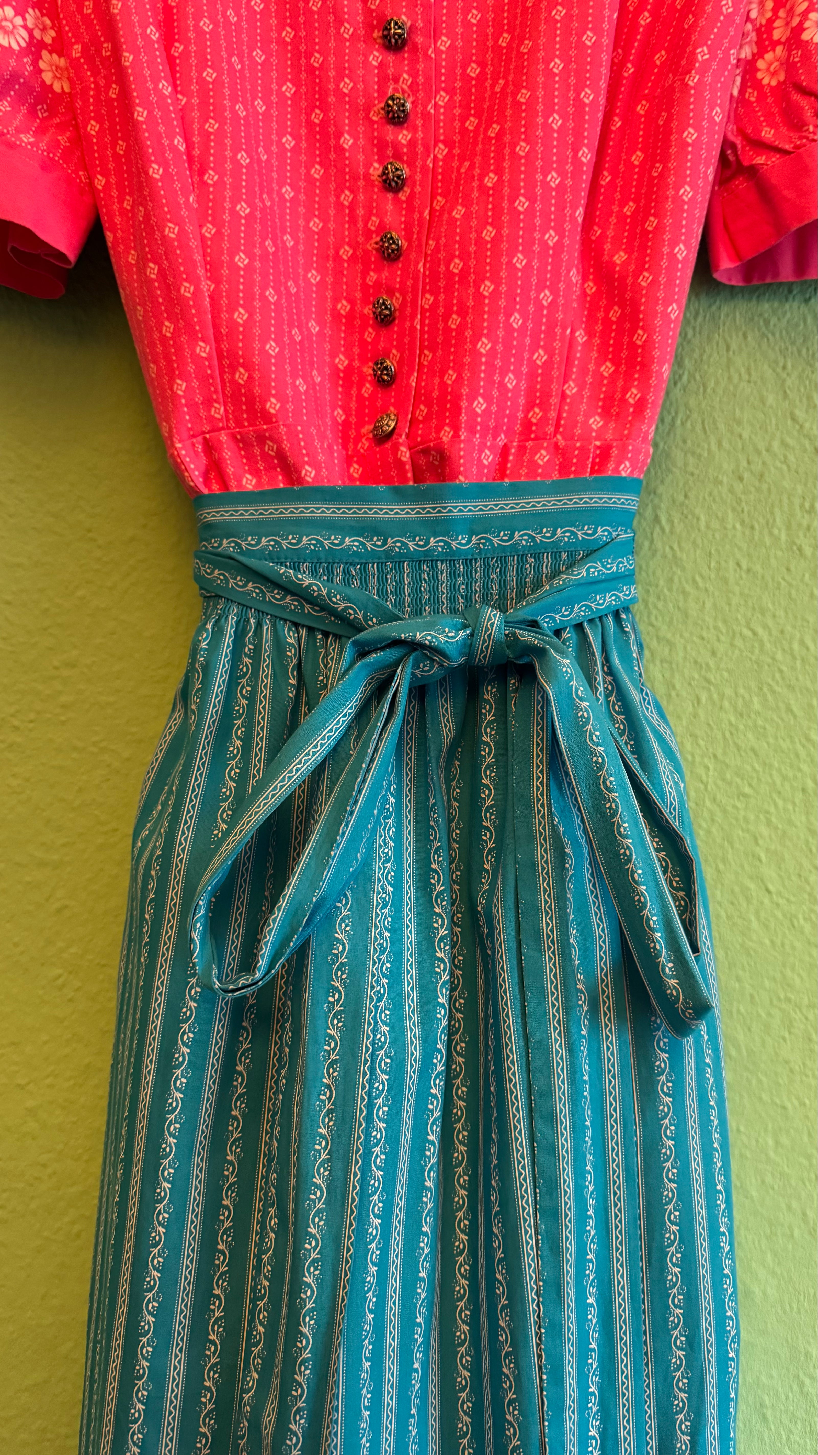 Vintage 1980s Pink Floral Dirndl With Blue Apron