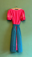Vintage 1980s Pink Floral Dirndl With Blue Apron