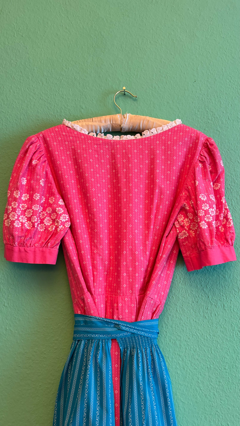 Vintage 1980s Pink Floral Dirndl With Blue Apron