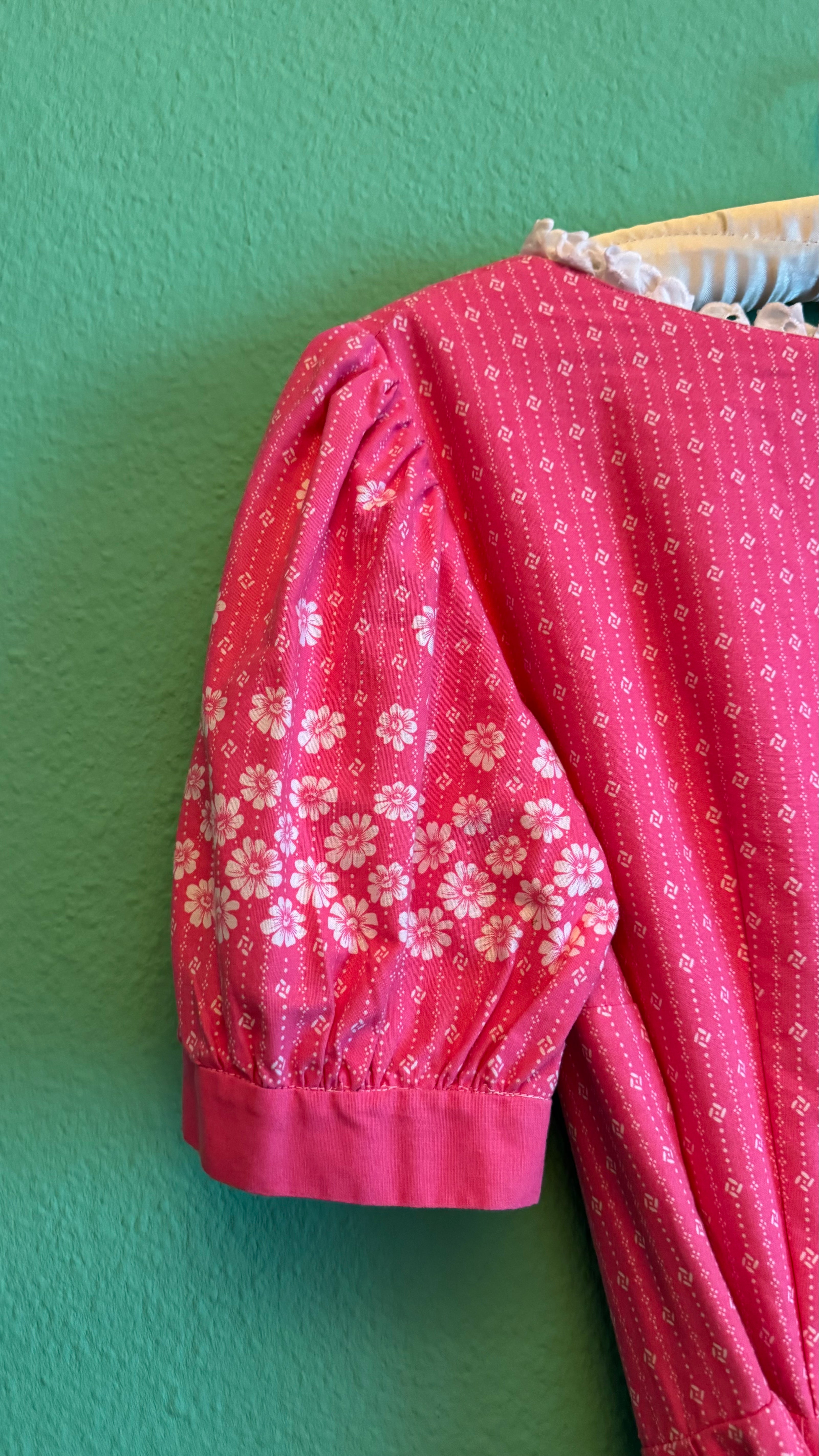 Vintage 1980s Pink Floral Dirndl With Blue Apron