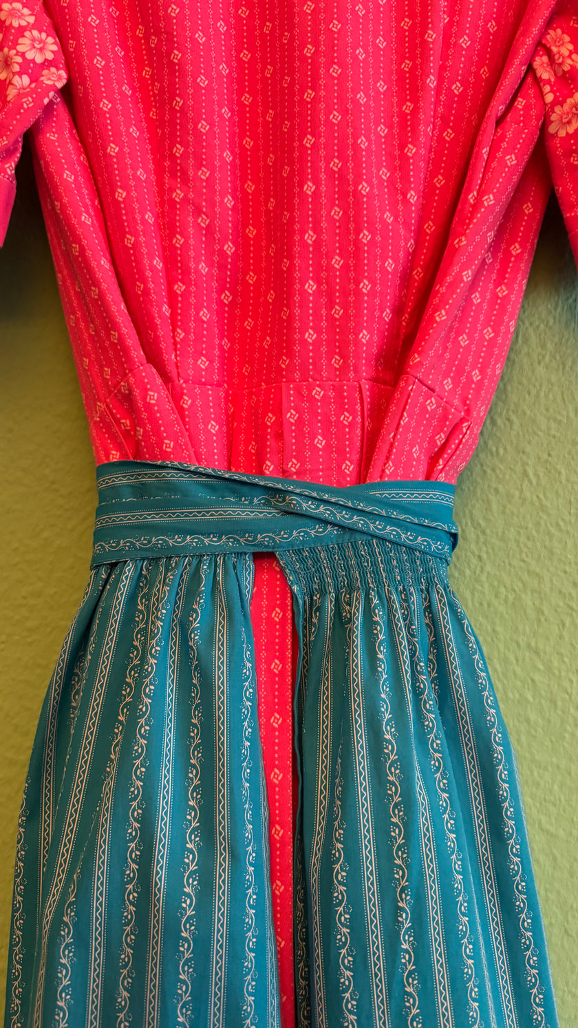 Vintage 1980s Pink Floral Dirndl With Blue Apron