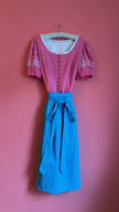 Vintage 1980s Pink Floral Dirndl With Blue Apron