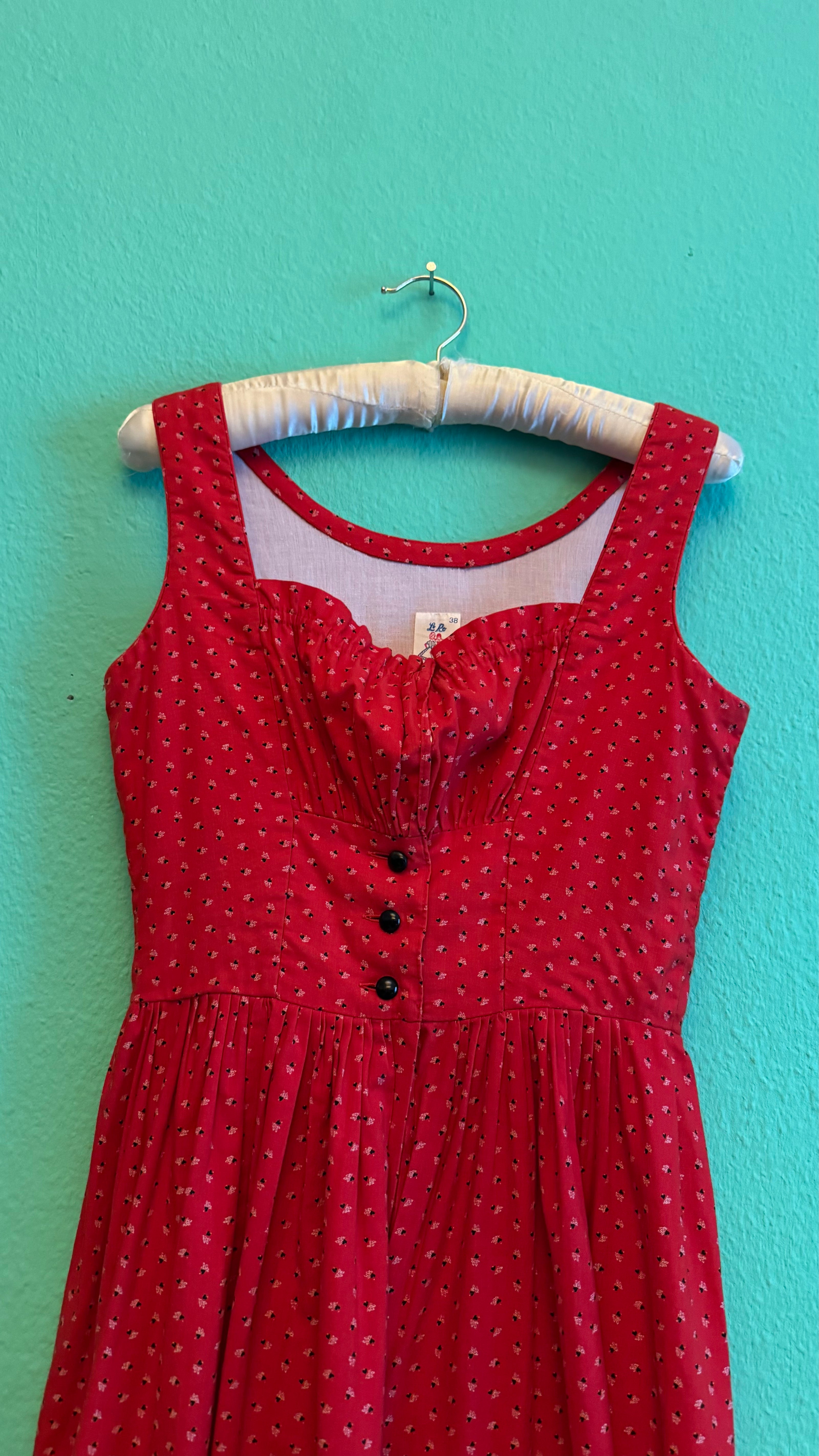 Vintage 1980s Red Dirndl With Light Blue Apron