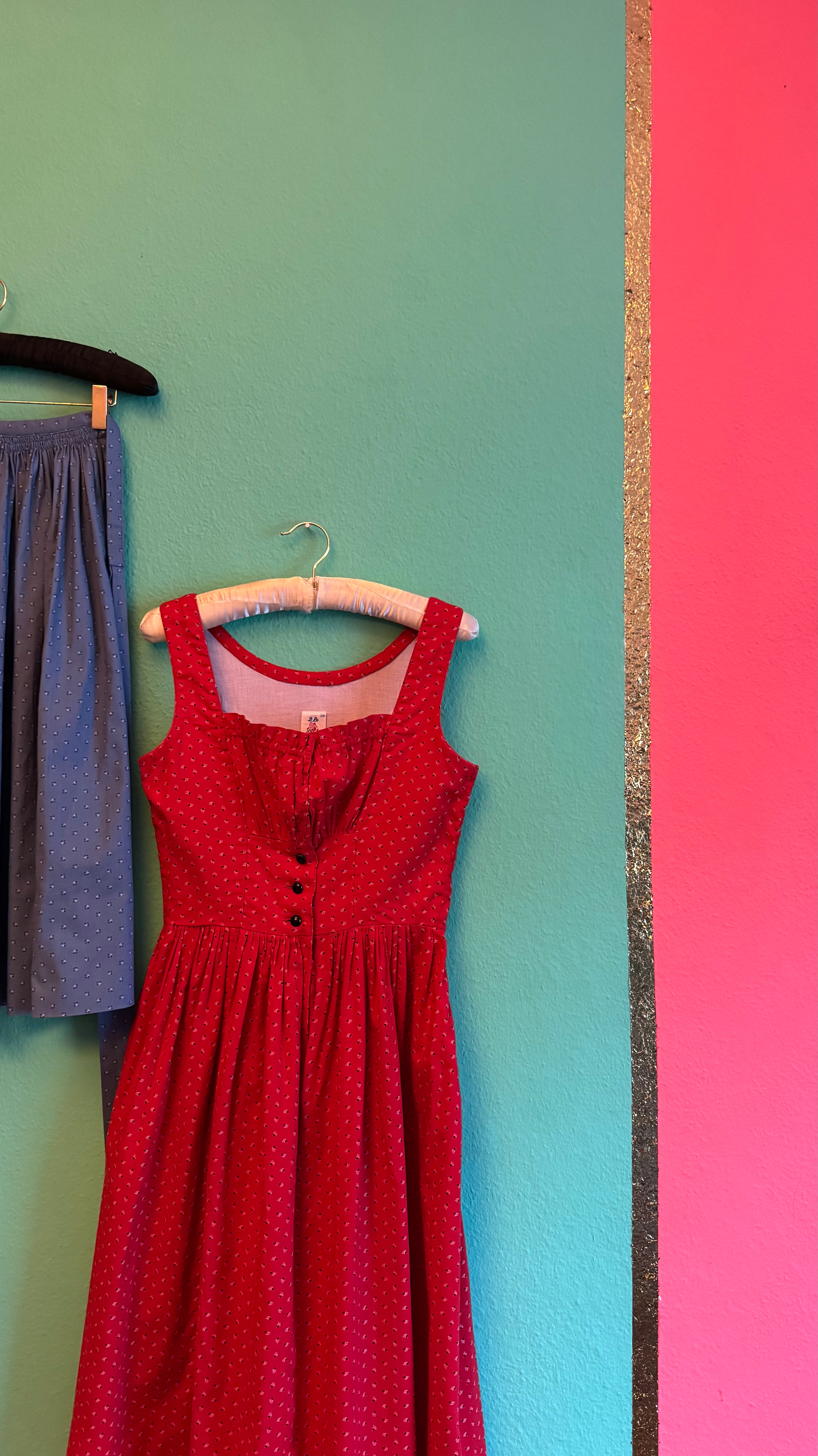 Vintage 1980s Red Dirndl With Light Blue Apron