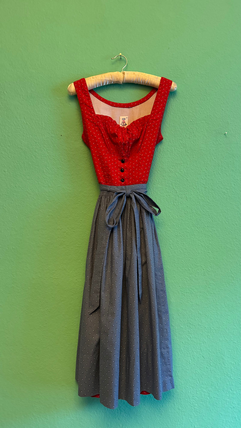 Vintage 1980s Red Dirndl With Light Blue Apron