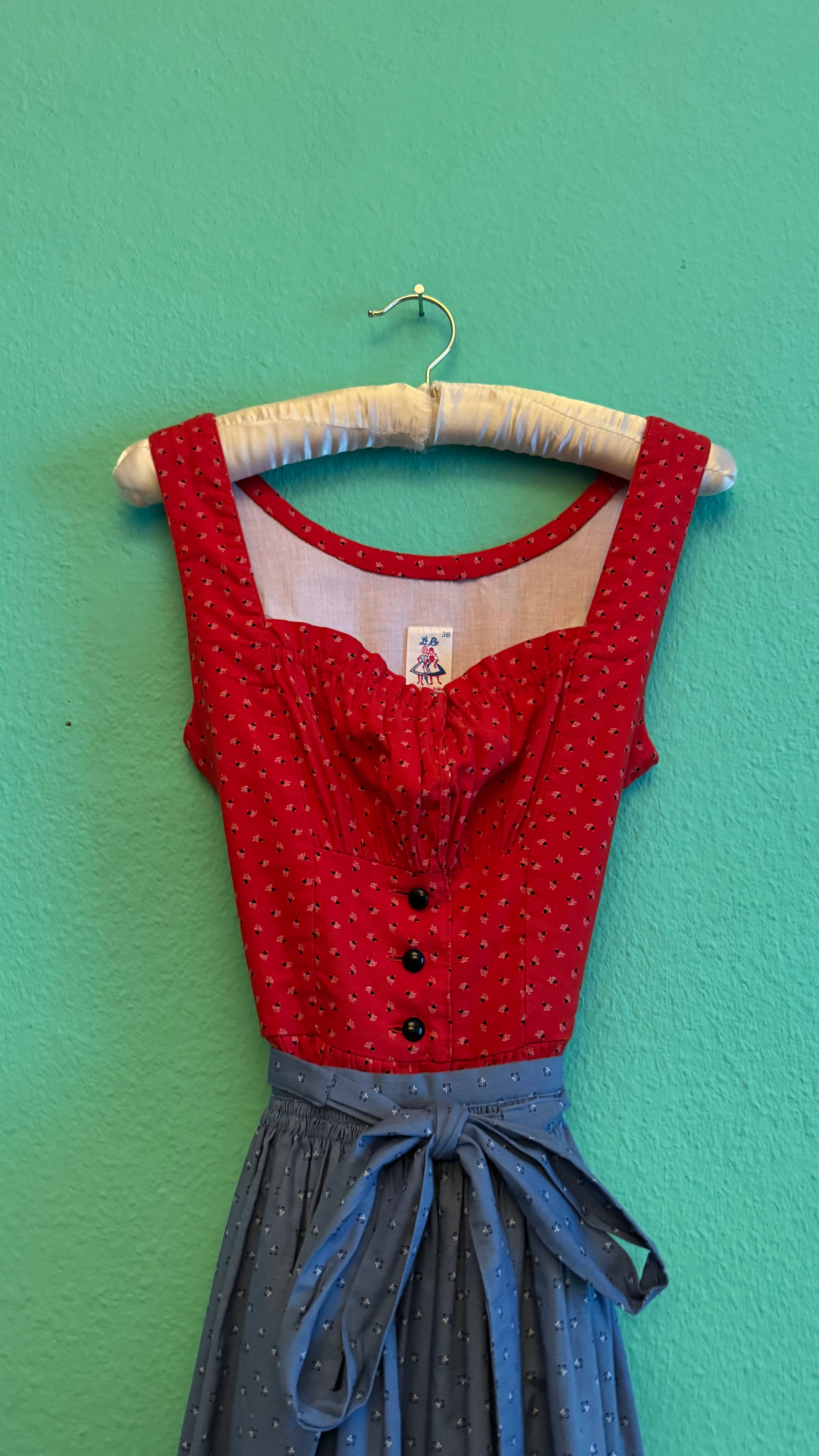 Vintage 1980s Red Dirndl With Light Blue Apron