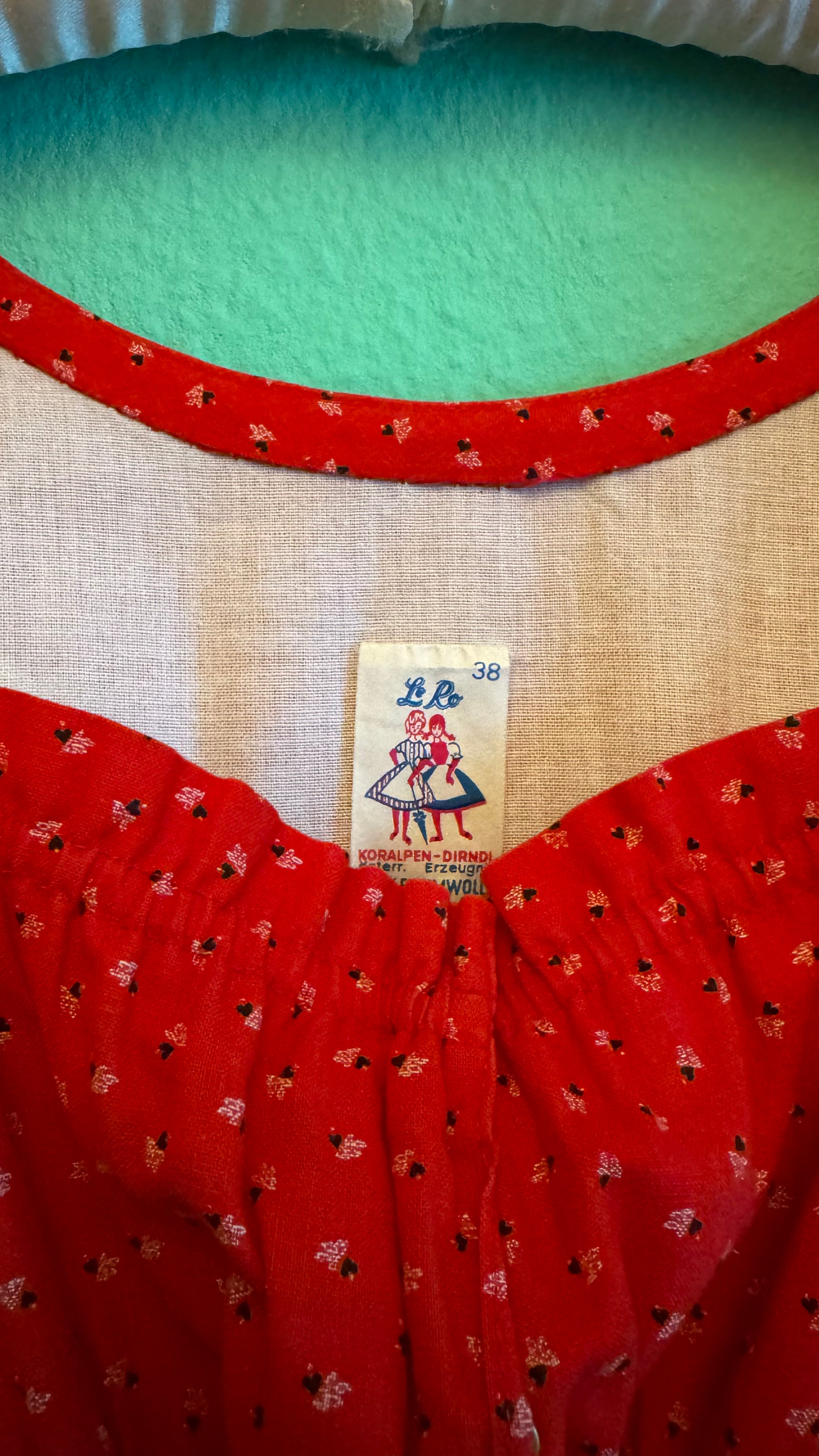 Vintage 1980s Red Dirndl With Light Blue Apron
