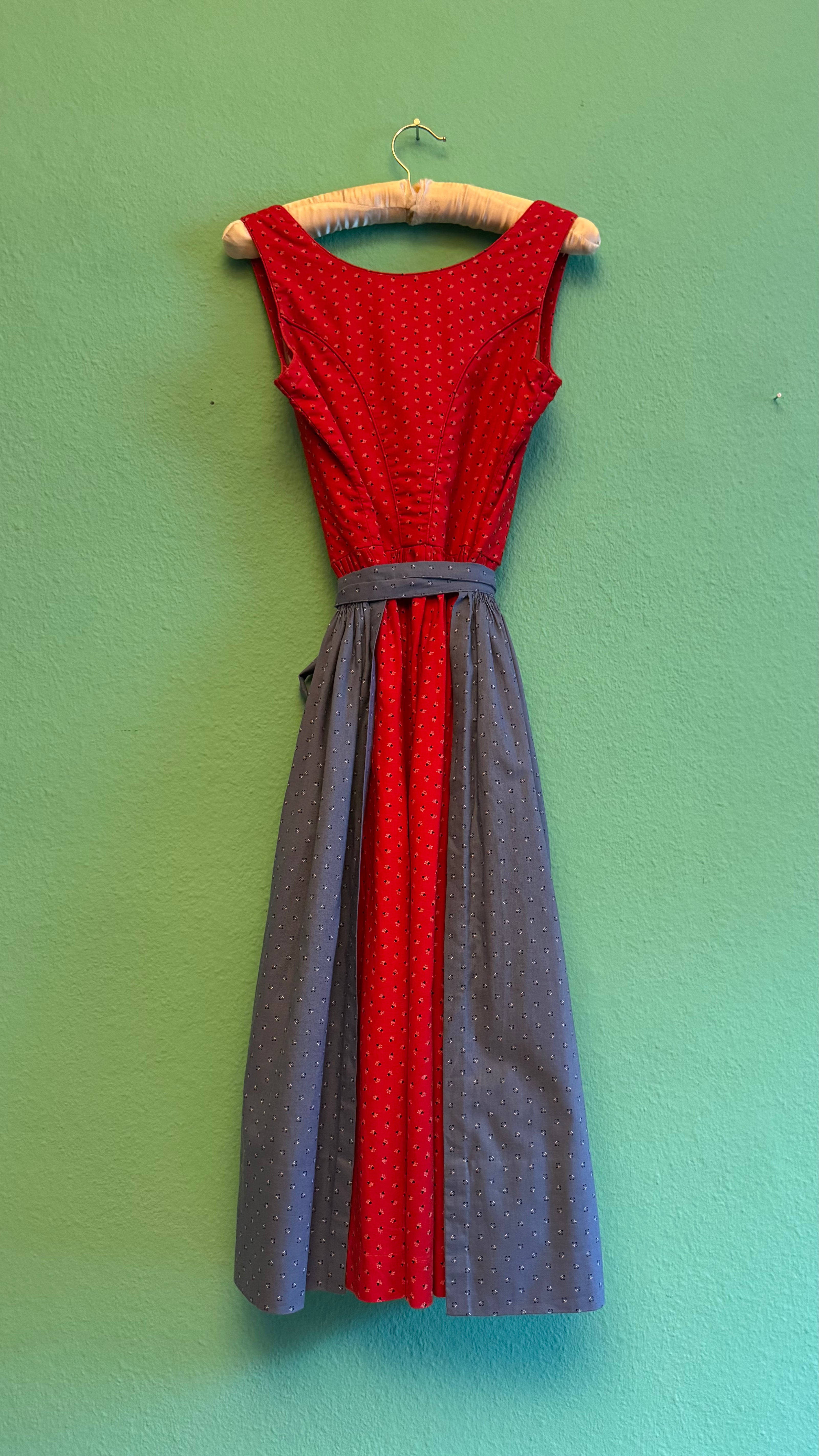Vintage 1980s Red Dirndl With Light Blue Apron