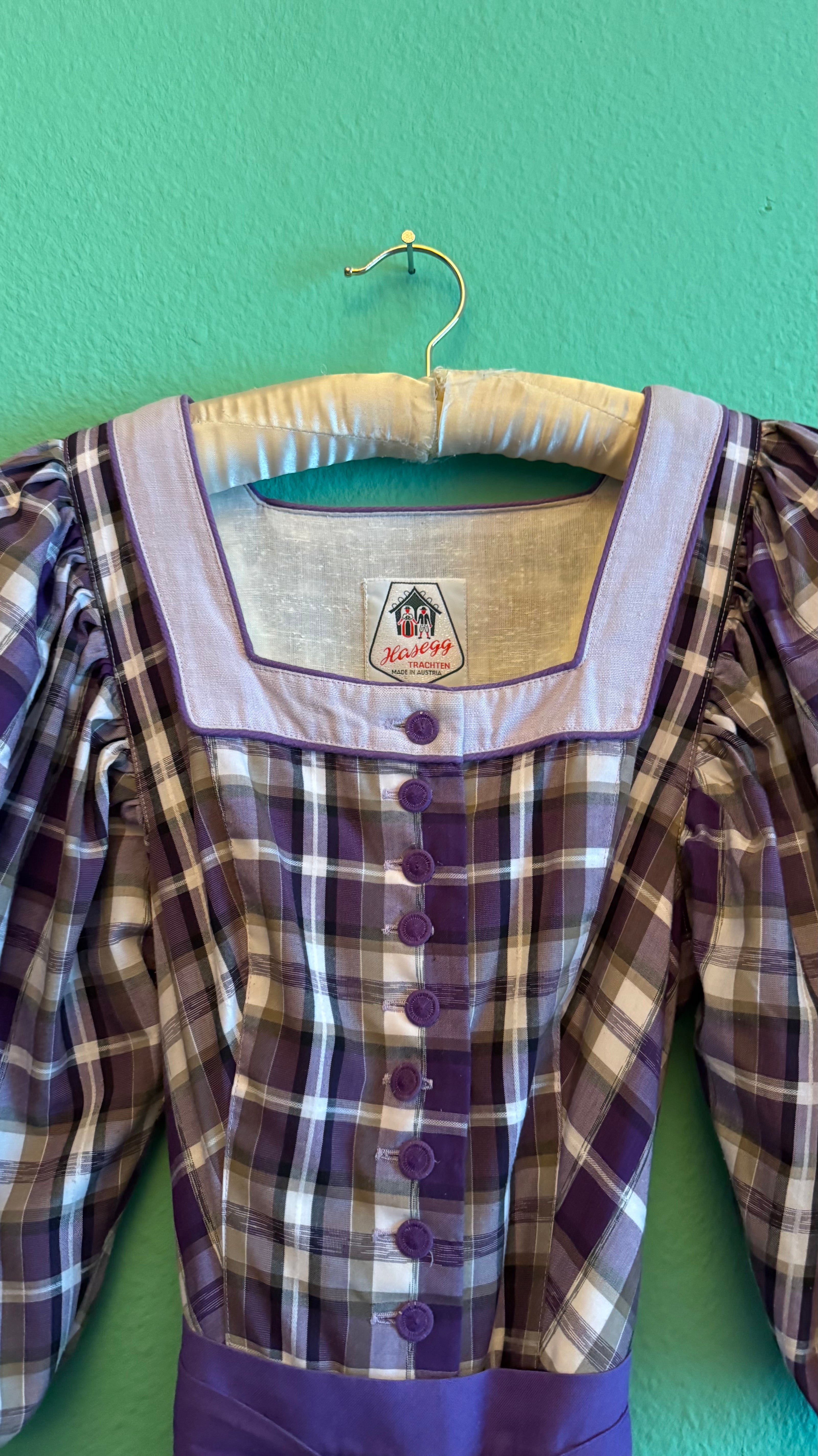 Vintage 1980s Hasegg Trachten Plaid Dirndl With Purple Apron