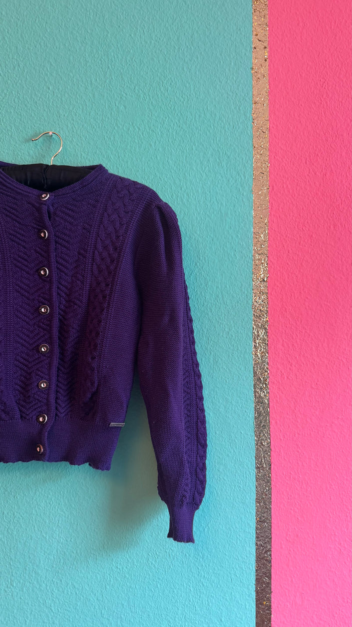 Vintage 1980s Purple Wool Tracht Cardigan Made in Austria