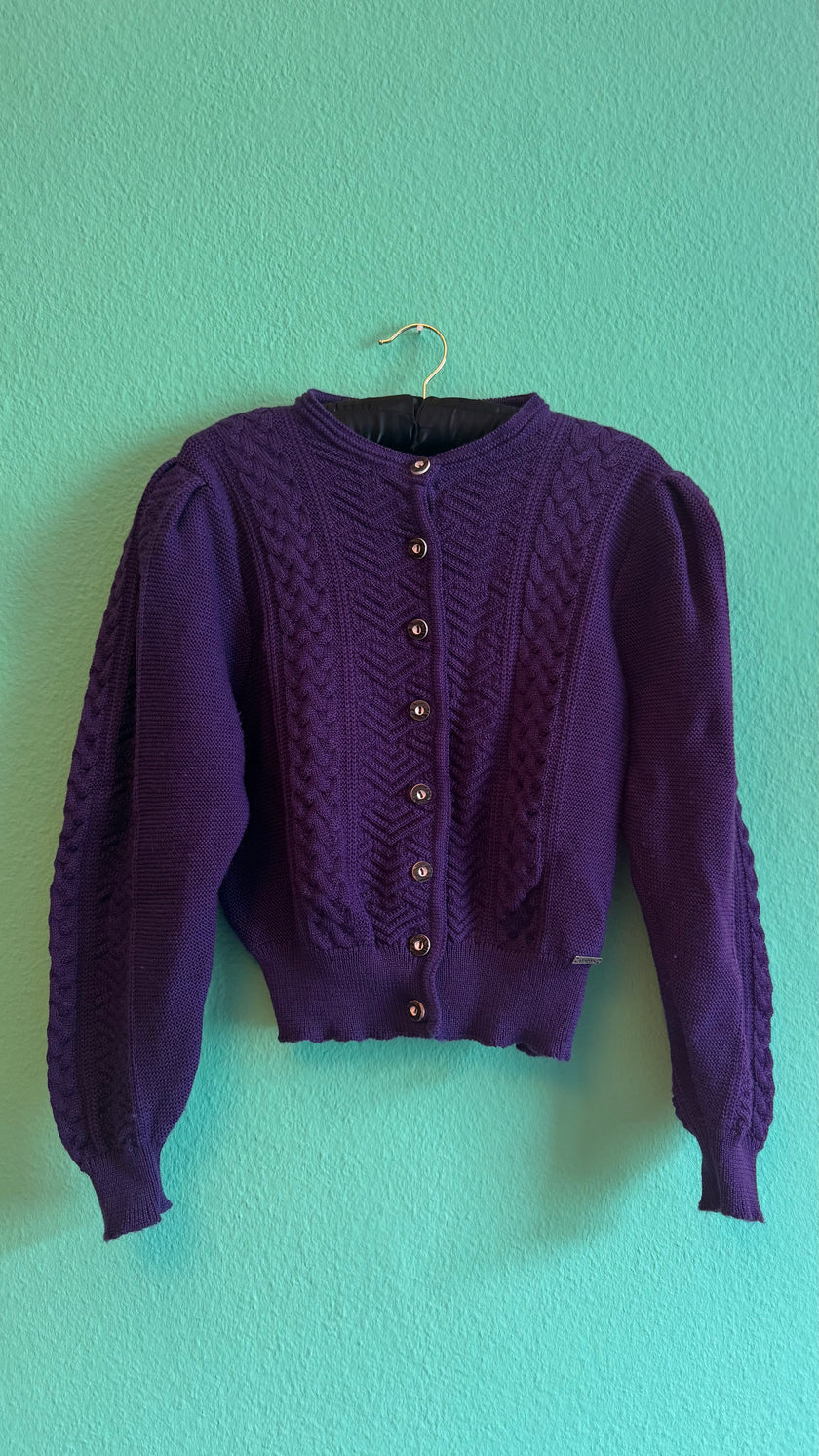 Vintage 1980s Purple Wool Tracht Cardigan Made in Austria