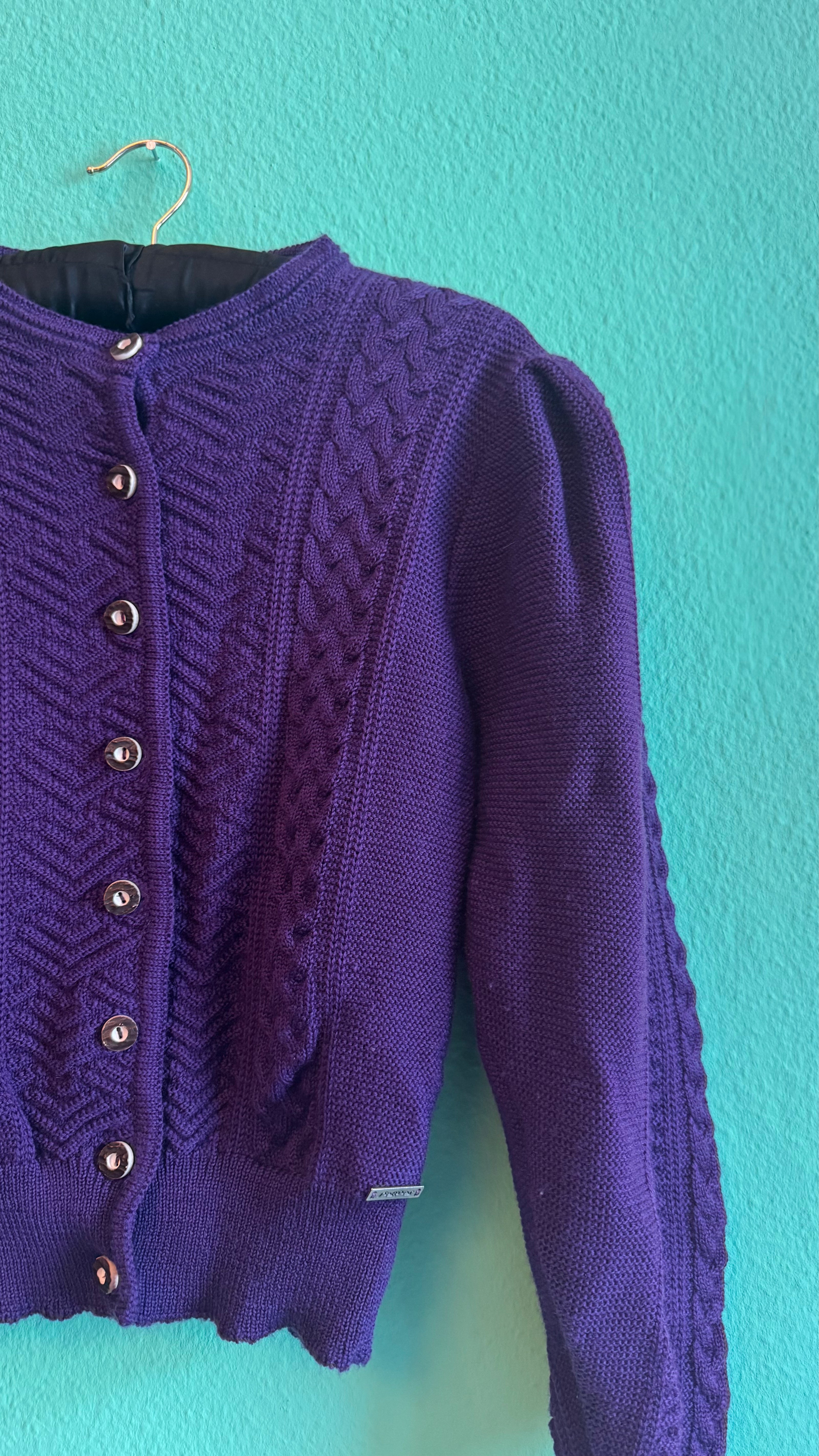 Vintage 1980s Purple Wool Tracht Cardigan Made in Austria