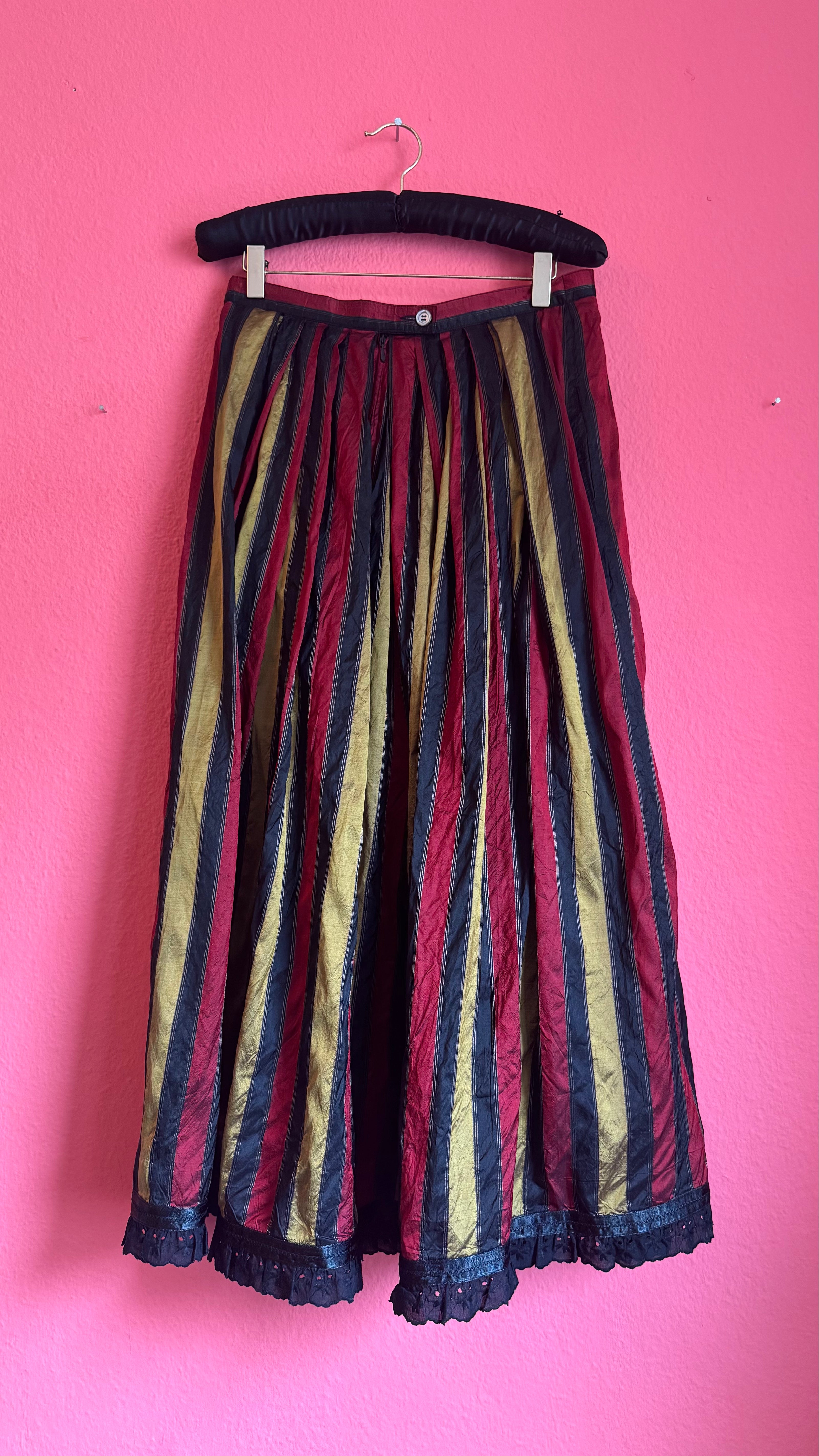 Vintage 1980s Silk Dirndl Skirt With Burgundy Gold Stripes
