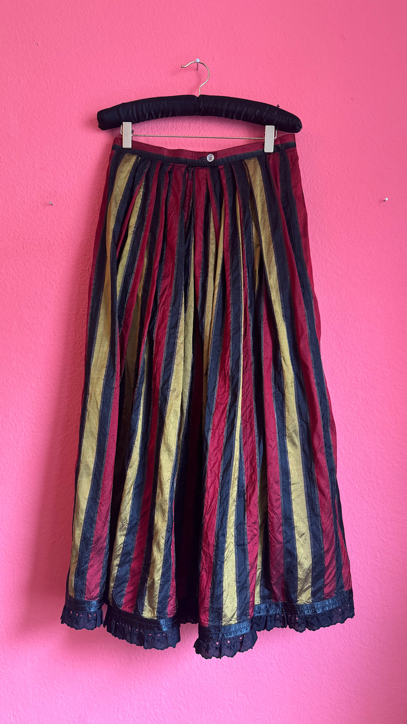 Vintage 1980s Silk Dirndl Skirt With Burgundy Gold Stripes