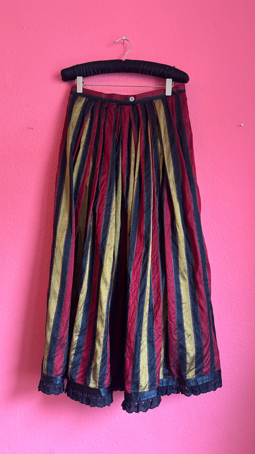 Vintage 1980s Silk Dirndl Skirt With Burgundy Gold Stripes