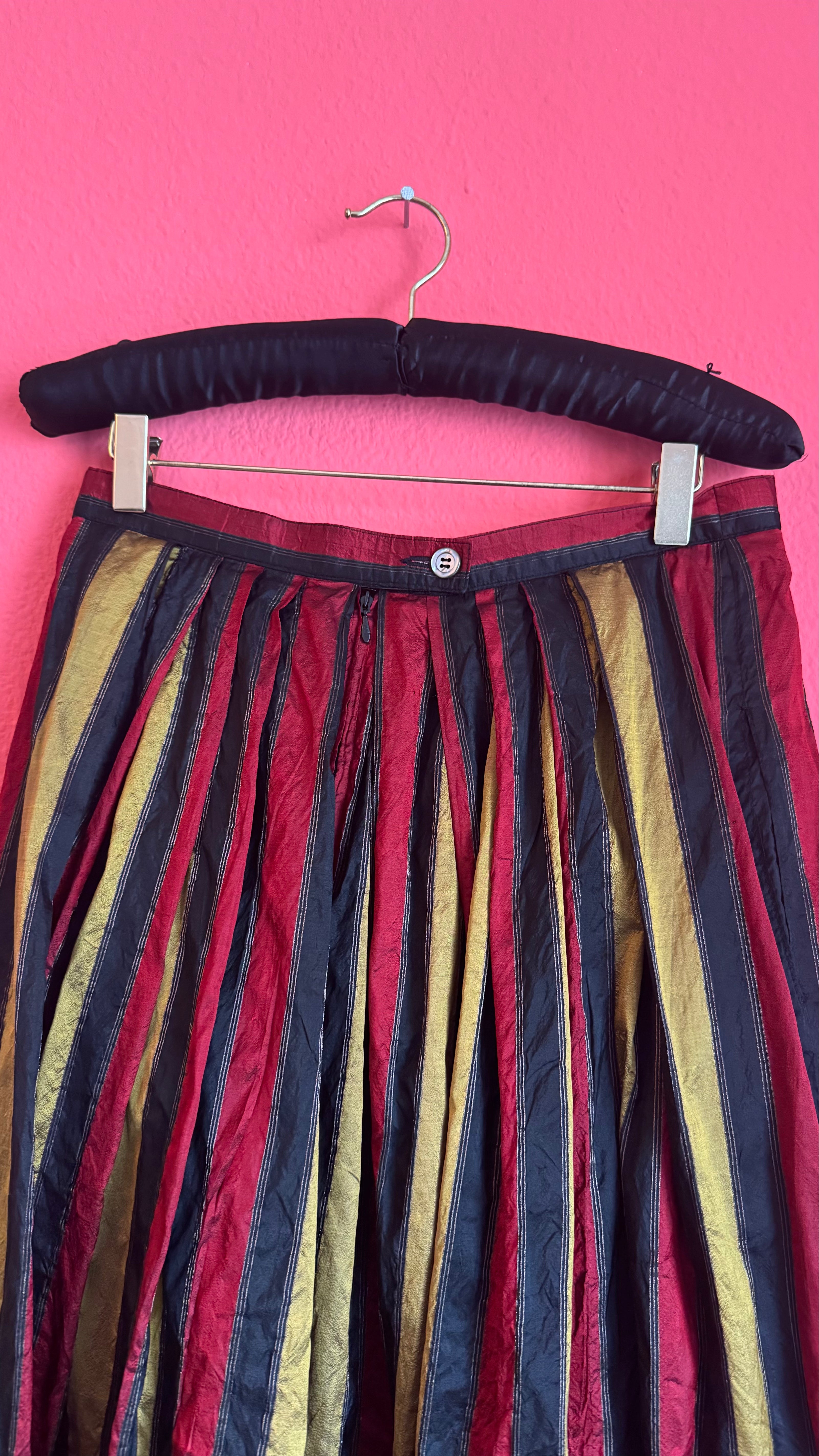 Vintage 1980s Silk Dirndl Skirt With Burgundy Gold Stripes