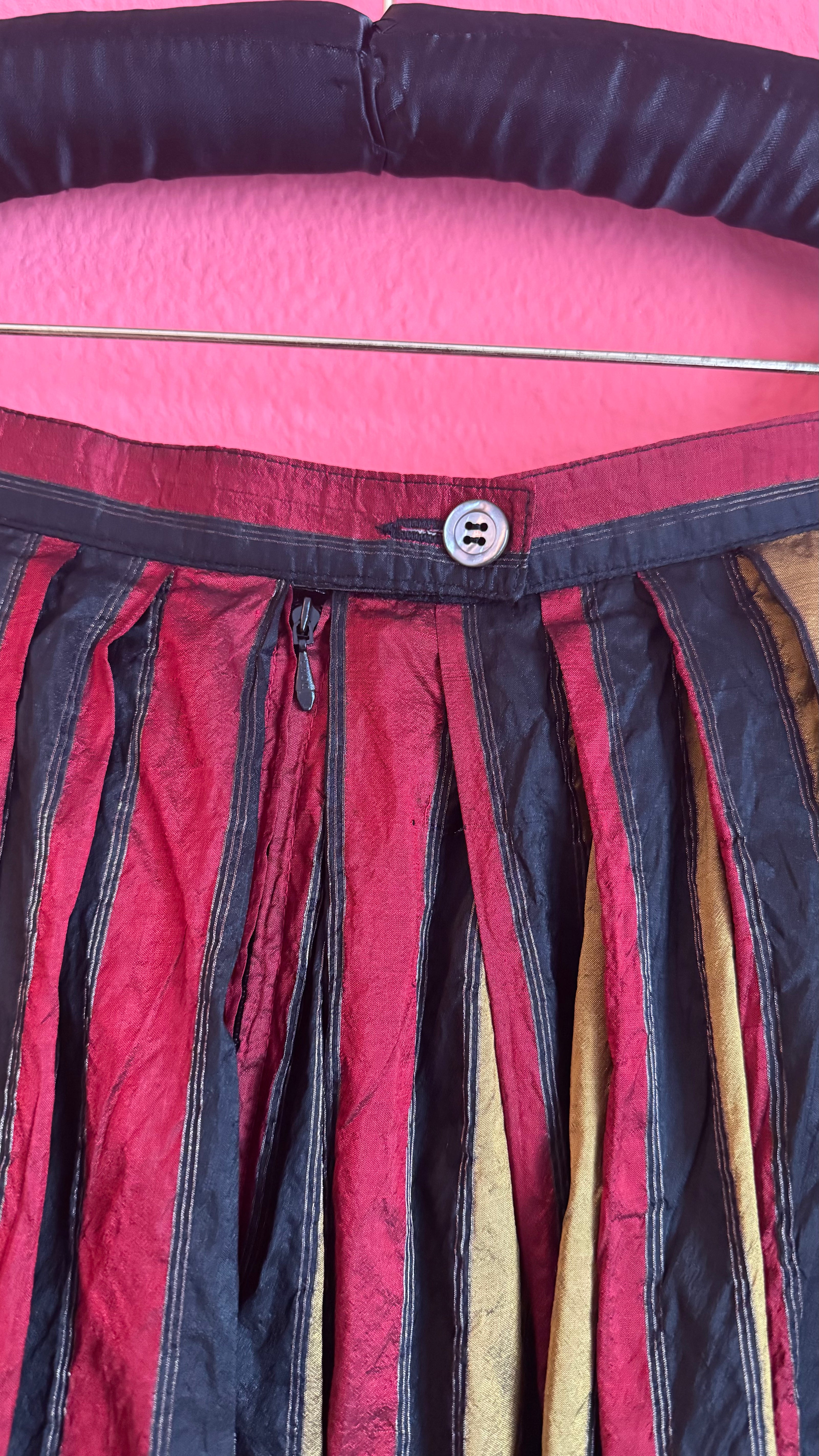 Vintage 1980s Silk Dirndl Skirt With Burgundy Gold Stripes