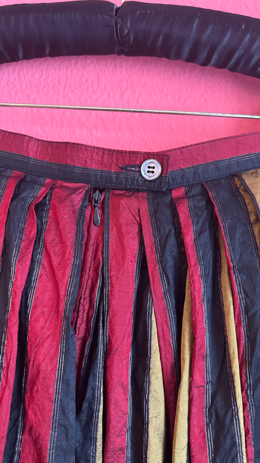 Vintage 1980s Silk Dirndl Skirt With Burgundy Gold Stripes