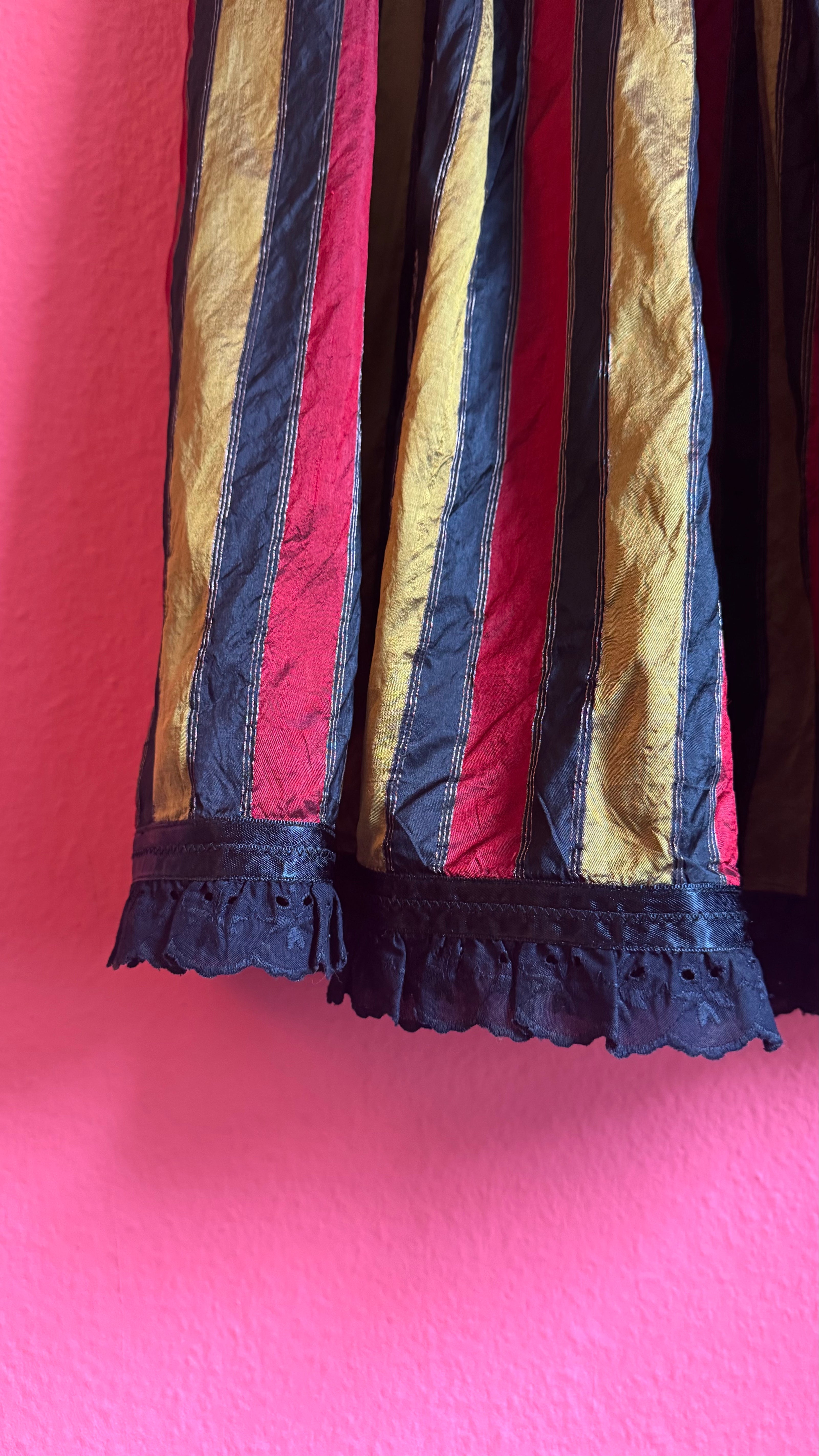 Vintage 1980s Silk Dirndl Skirt With Burgundy Gold Stripes