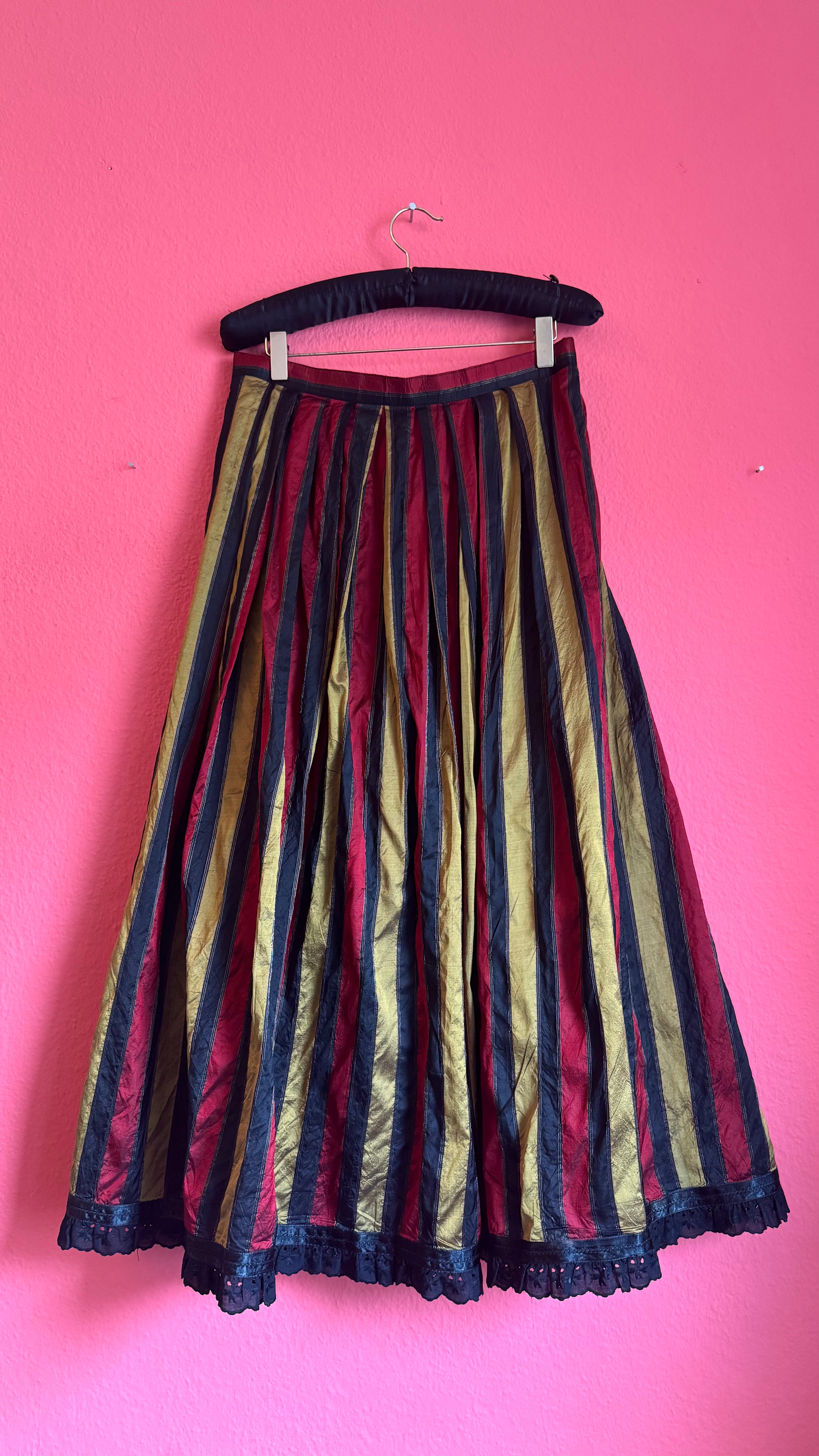 Vintage 1980s Silk Dirndl Skirt With Burgundy Gold Stripes