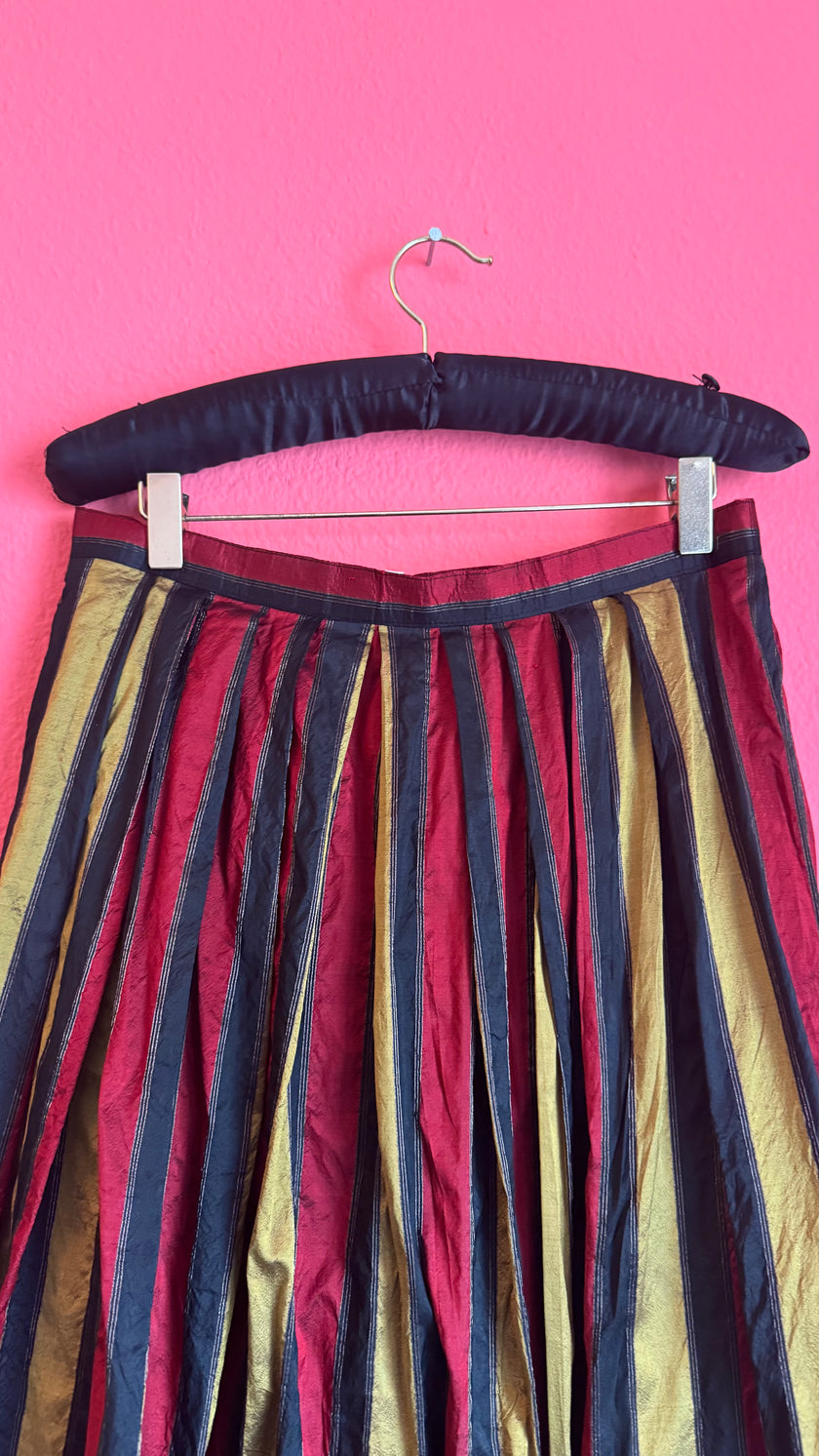 Vintage 1980s Silk Dirndl Skirt With Burgundy Gold Stripes