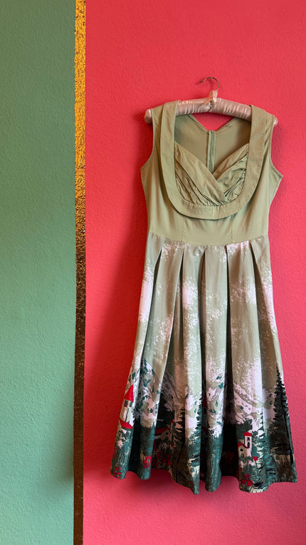 Vintage 1950s Alpine Scenic Print Dress