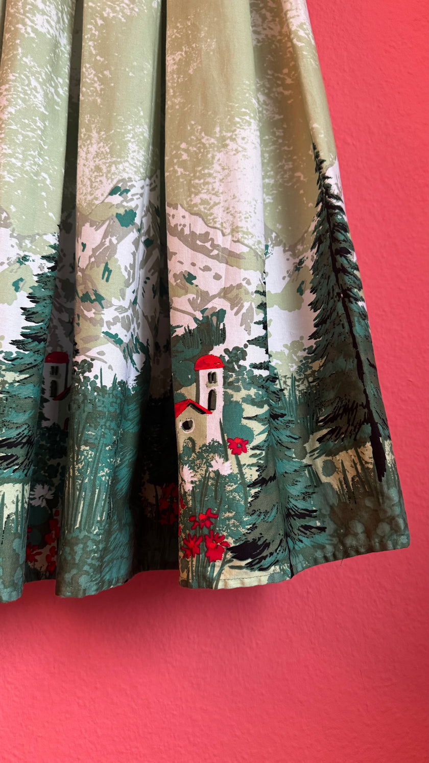 Vintage 1950s Alpine Scenic Print Dress