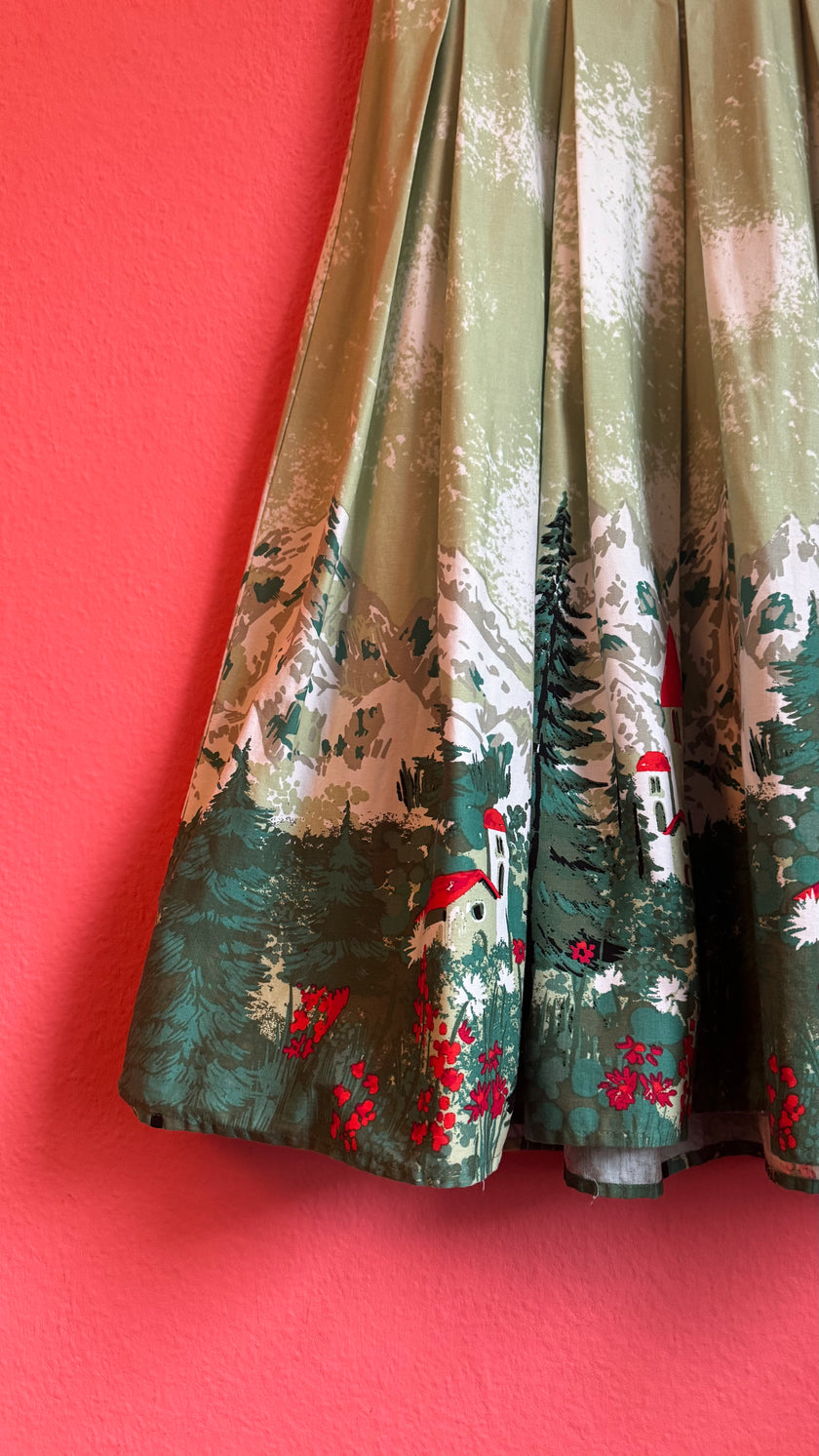 Vintage 1950s Alpine Scenic Print Dress