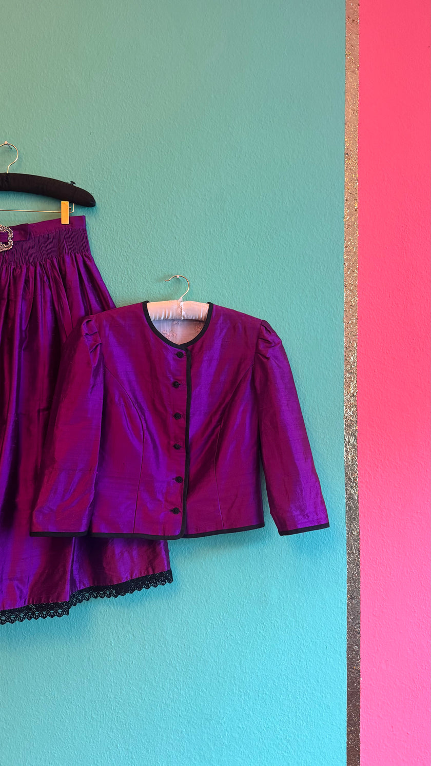 Vintage 1980s Magenta Silk Dirndl Skirt & Blouse Set